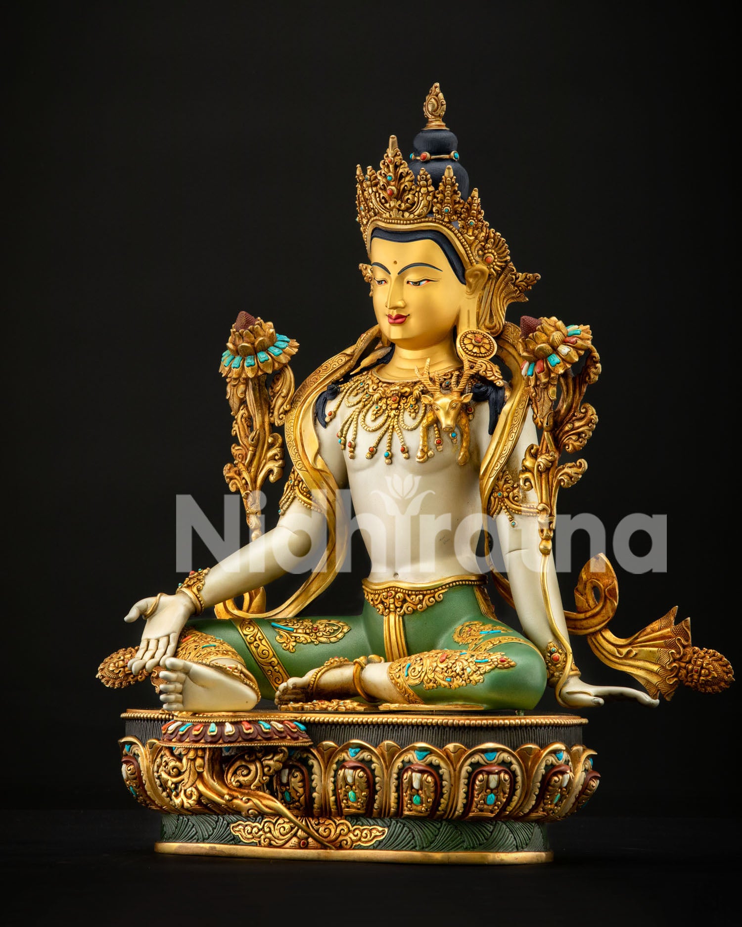 Chenrezig Statue side profile view showing gold deer skin ornament, Nepal