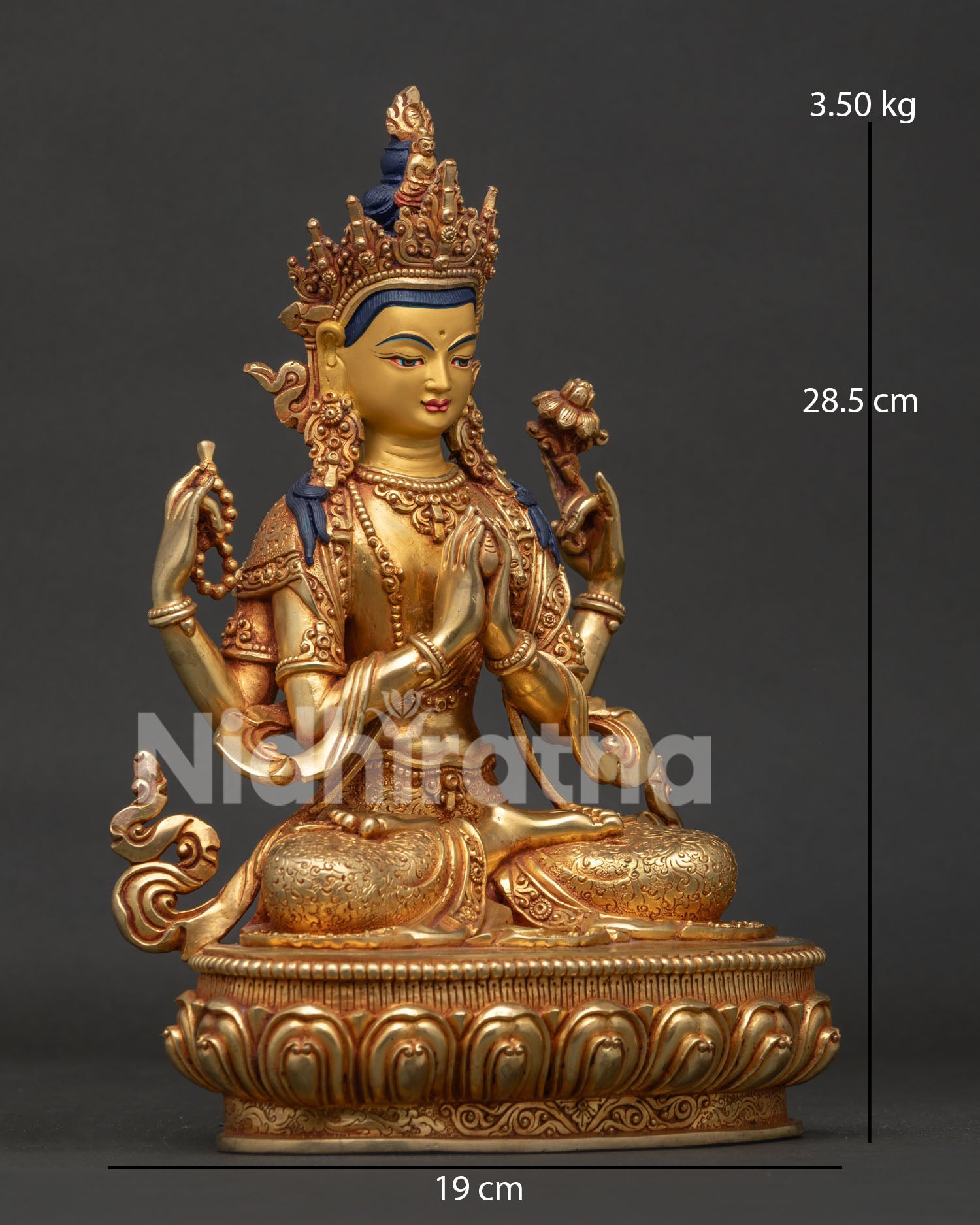 Chenrezig statue side view with crystal rosary white lotus and wish fulfilling jewel.