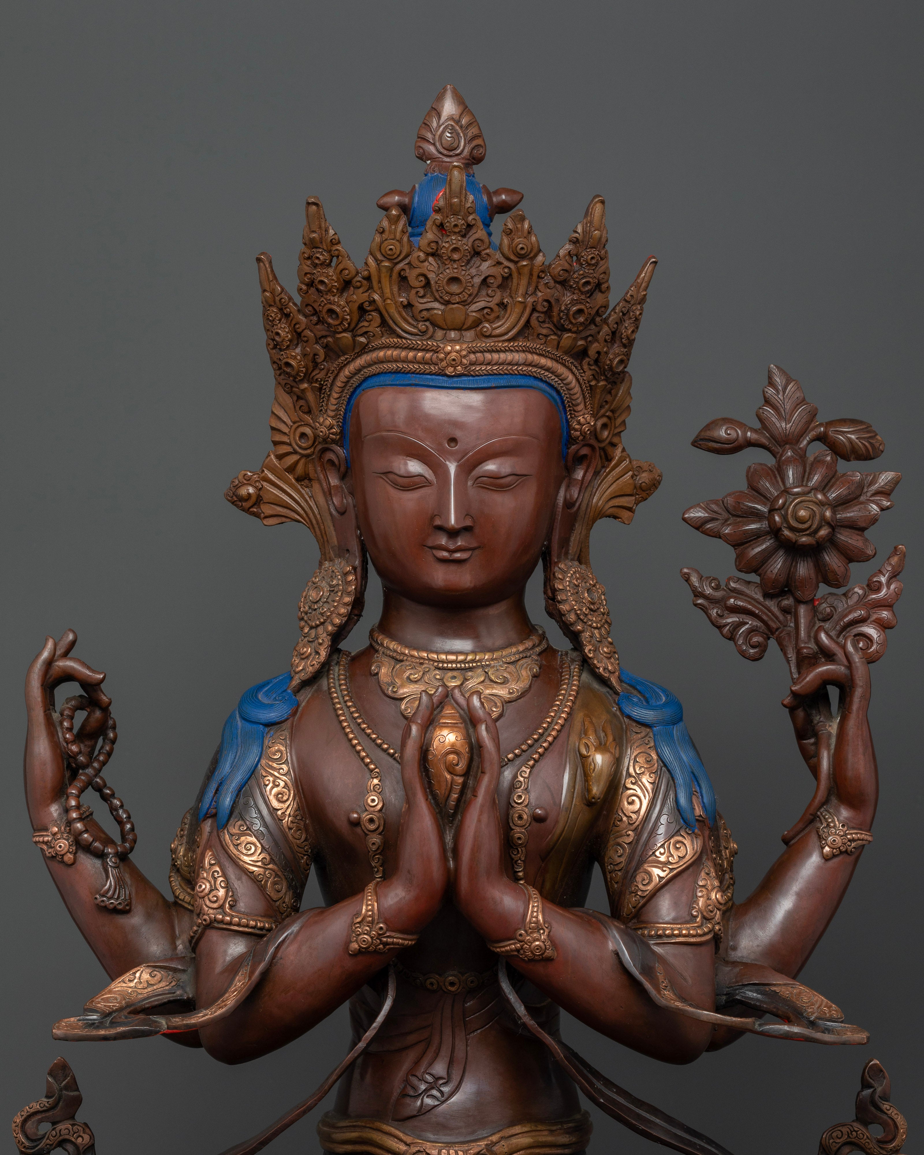 Chenrezig Statue with Ornate Crown, Sacred Objects and Buddhist Symbolism