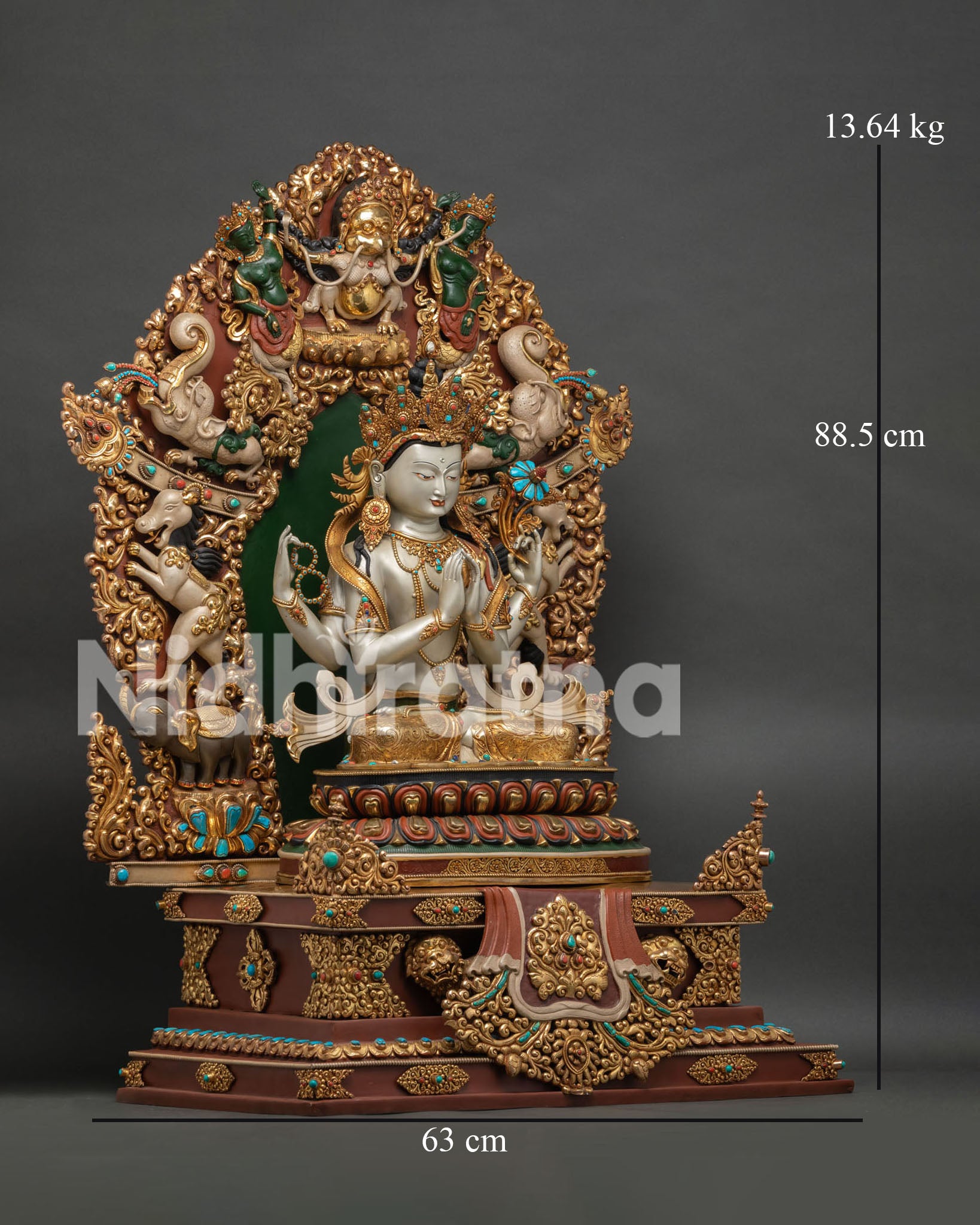 Chenrezig throne statue size chart showing 88.5 cm height, 63 cm width, 13.64 kg weight
