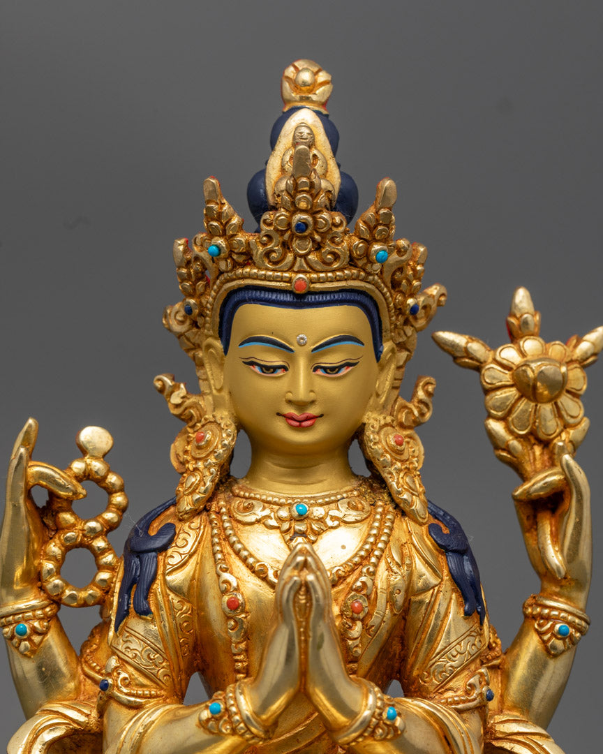 Tibetan Chenrezig Statue | Handcrafted 24K Gold Gilded Copper