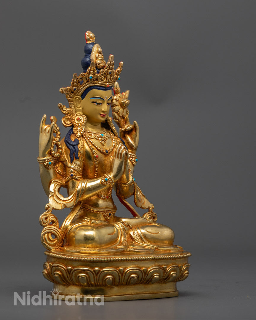 Tibetan Chenrezig Statue | Handcrafted 24K Gold Gilded Copper