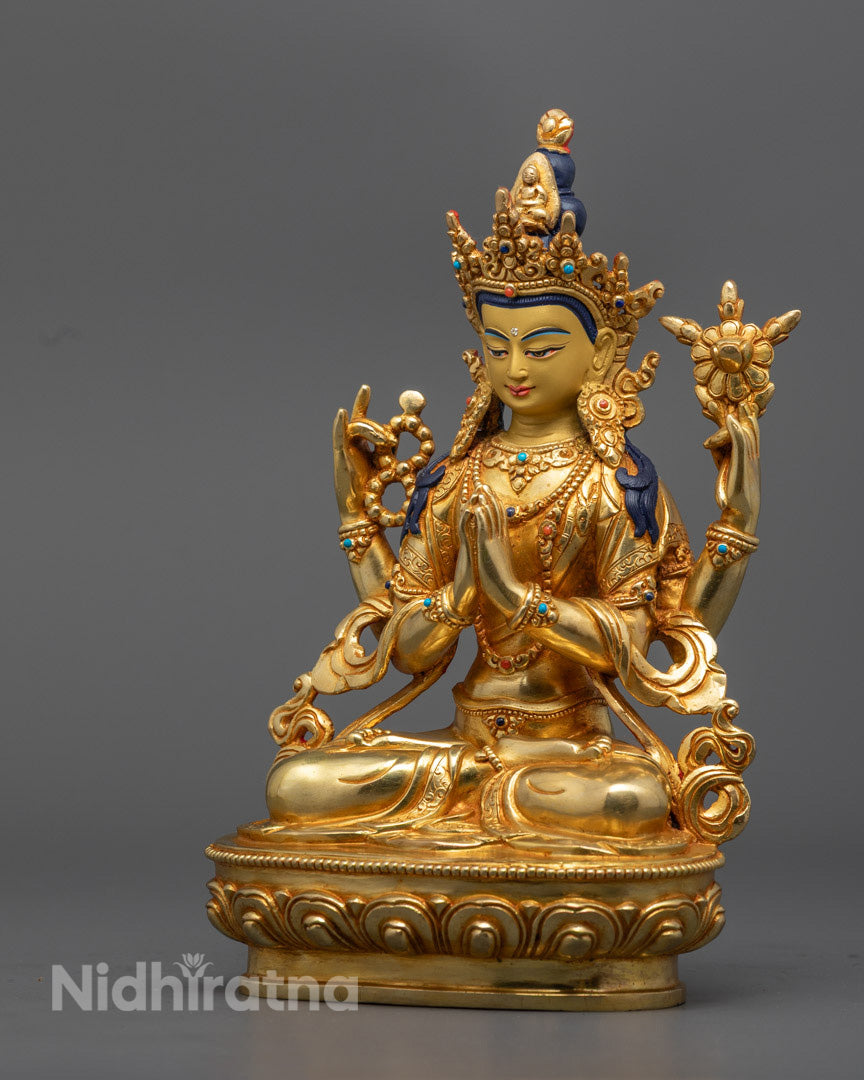 Tibetan Chenrezig Statue | Handcrafted 24K Gold Gilded Copper