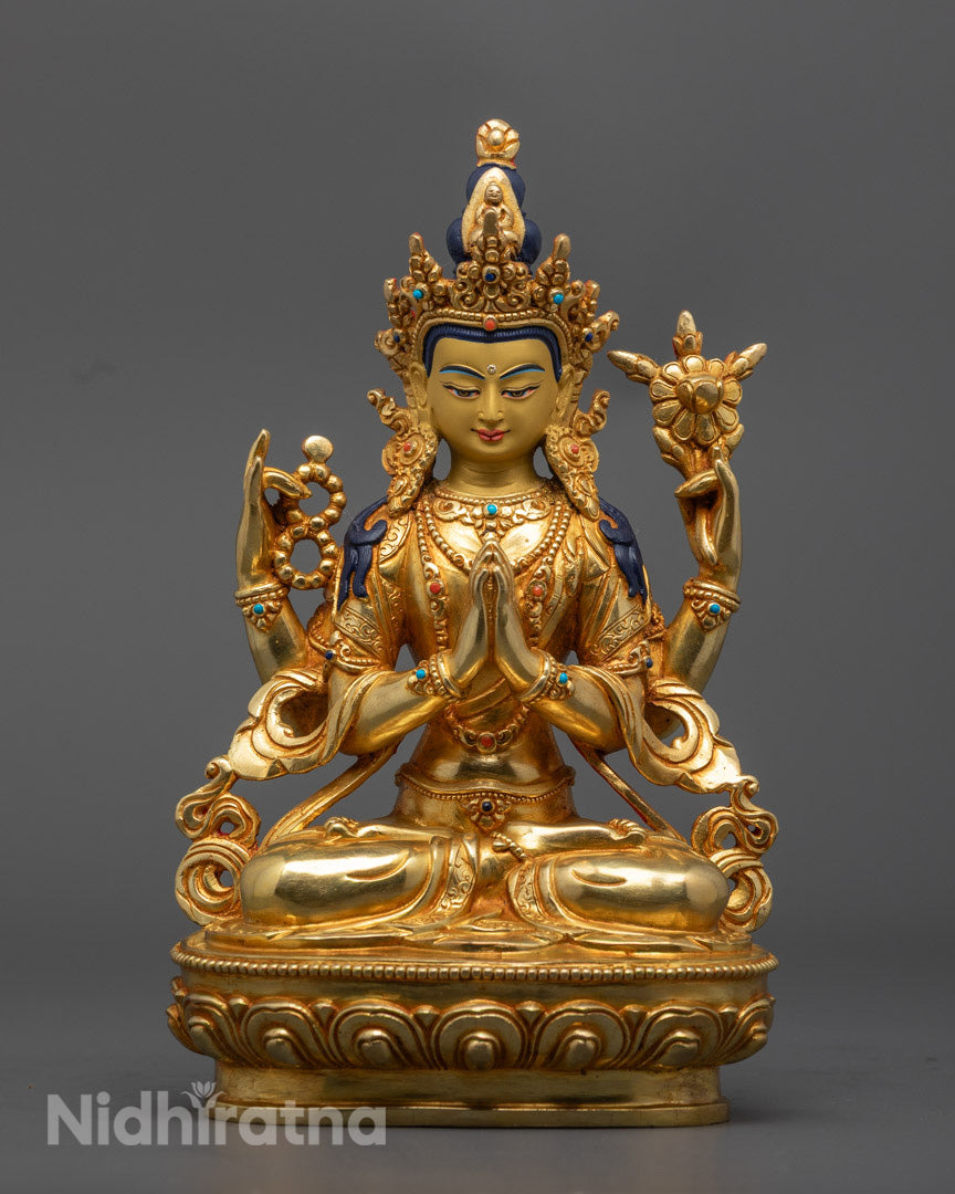Tibetan Chenrezig Statue | Handcrafted 24K Gold Gilded Copper