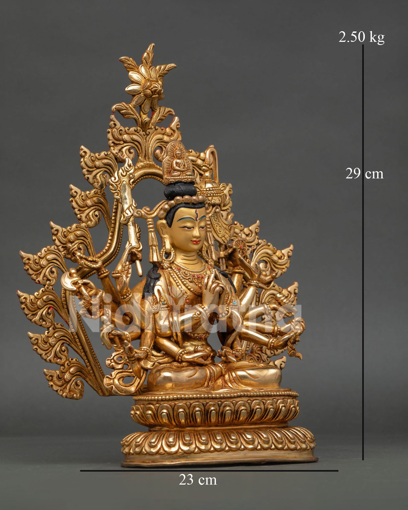 Chundi Goddess statue seated on lotus pedestal with sacred ritual implements and golden halo