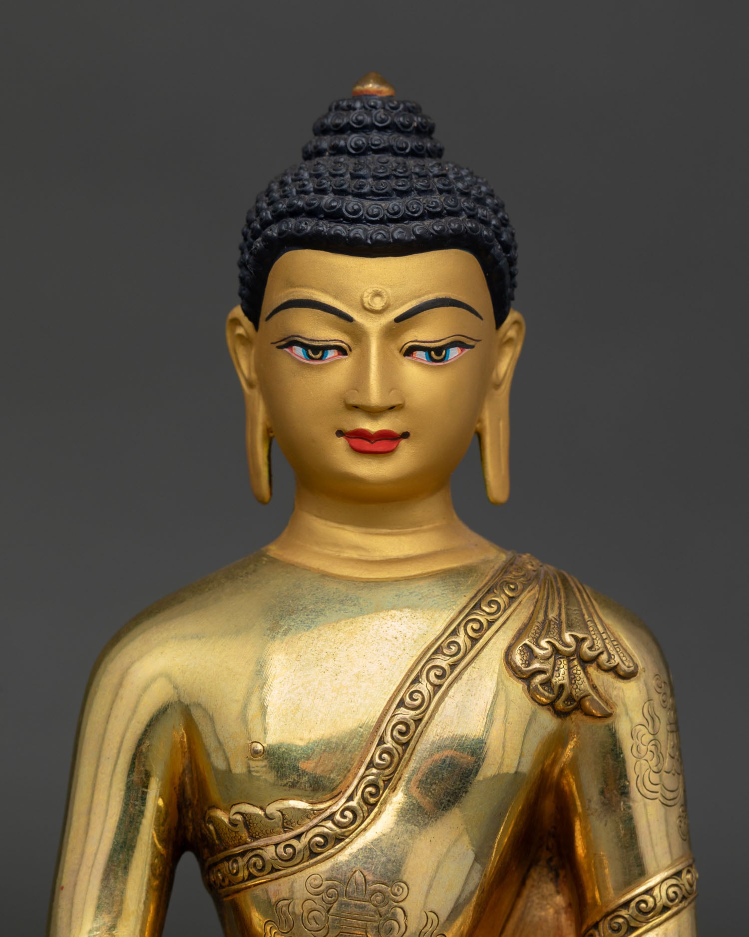 Close-up Amitabha Buddha statue, detailed copper lotus base craftsmanship Nepal