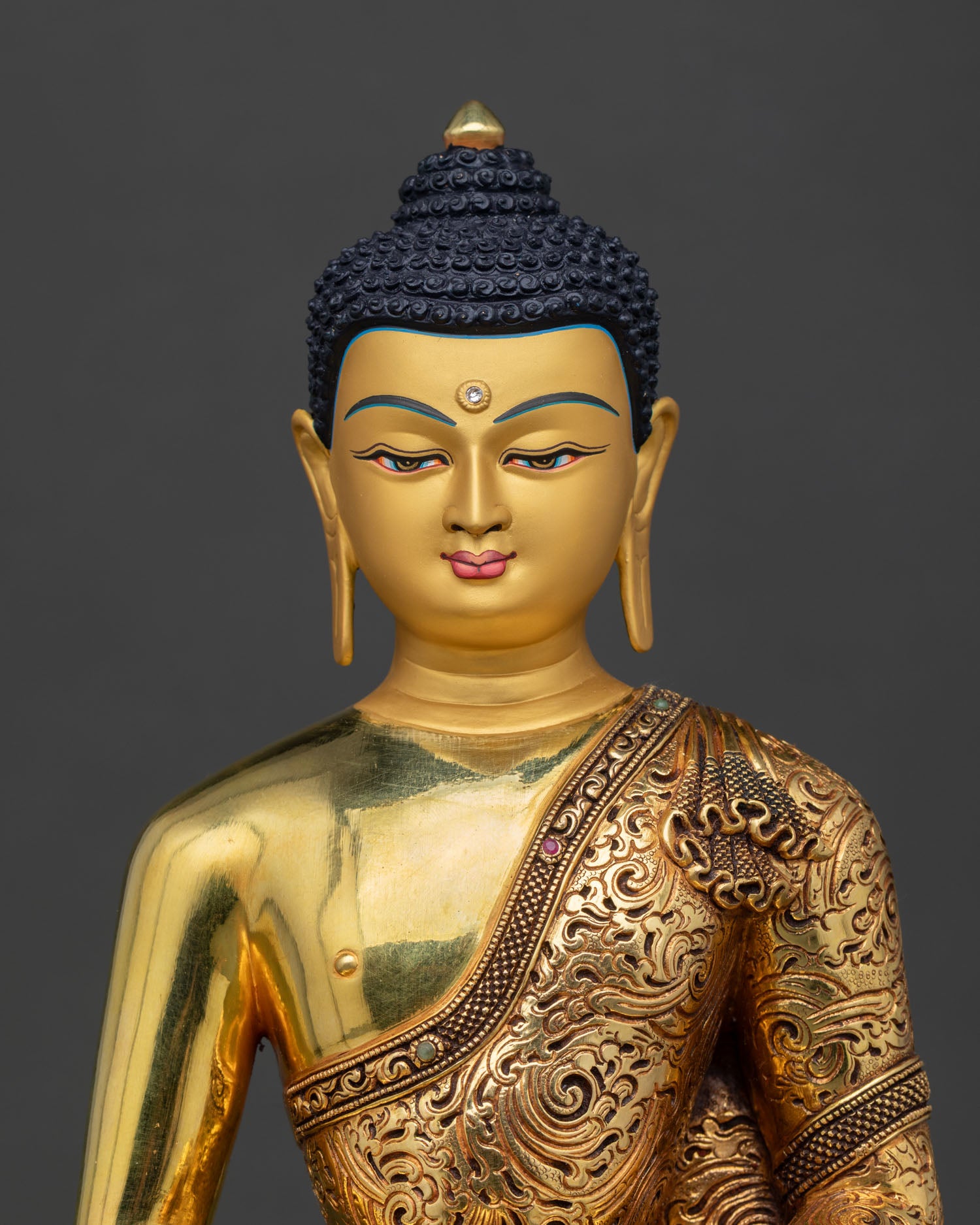 Close up Amitabha Buddha statue, gold-painted serene face, 3D relief carving repoussé detailing, semi precious stone accents