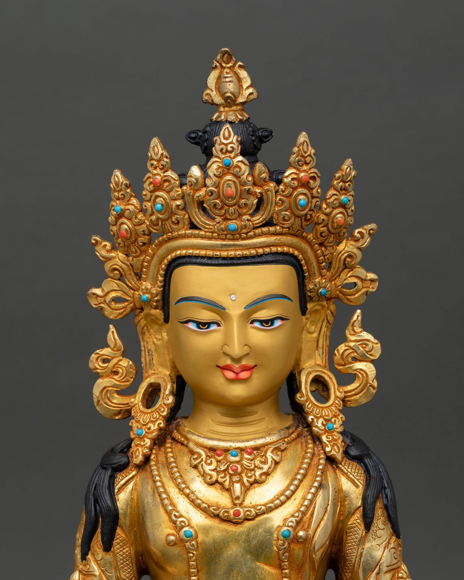 Close up of Amitayus statue serene face detailed engraving sacred longevity Buddha, spiritual art