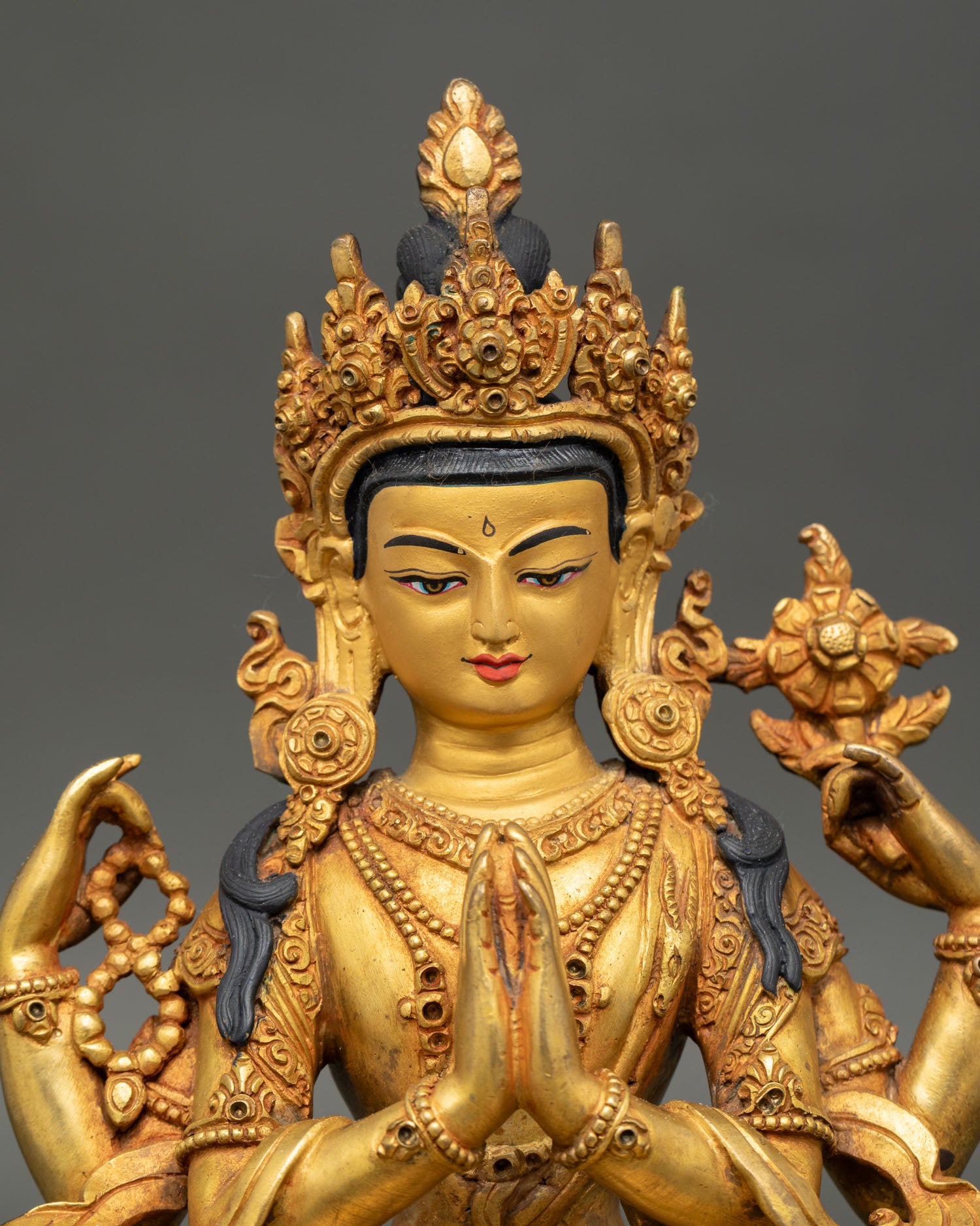 Close Up Chenrezig Face Detail Gold Painted Expression with Wish Fulfilling Jewel Himalayan Art
