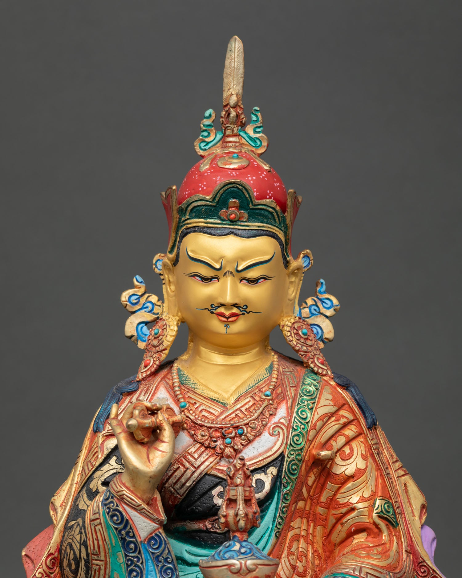 Close Up Guru Tsokye Dorje Face Gold Gilded Expression Jeweled Crown Himalayan Buddhist Art