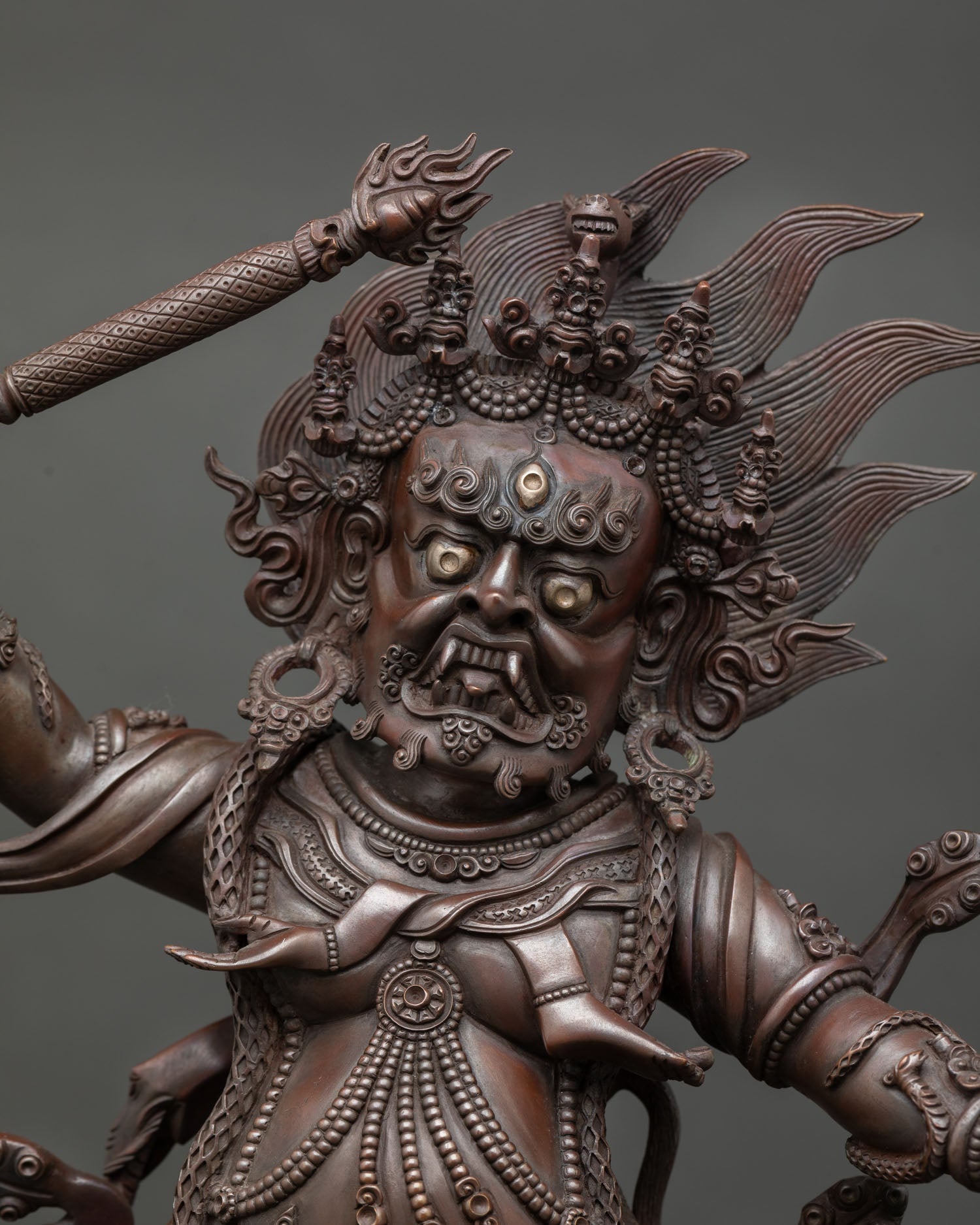 Close up Hayagriva face fierce expression Newari artisan copper statue for Vajrayana meditation and ritual decor