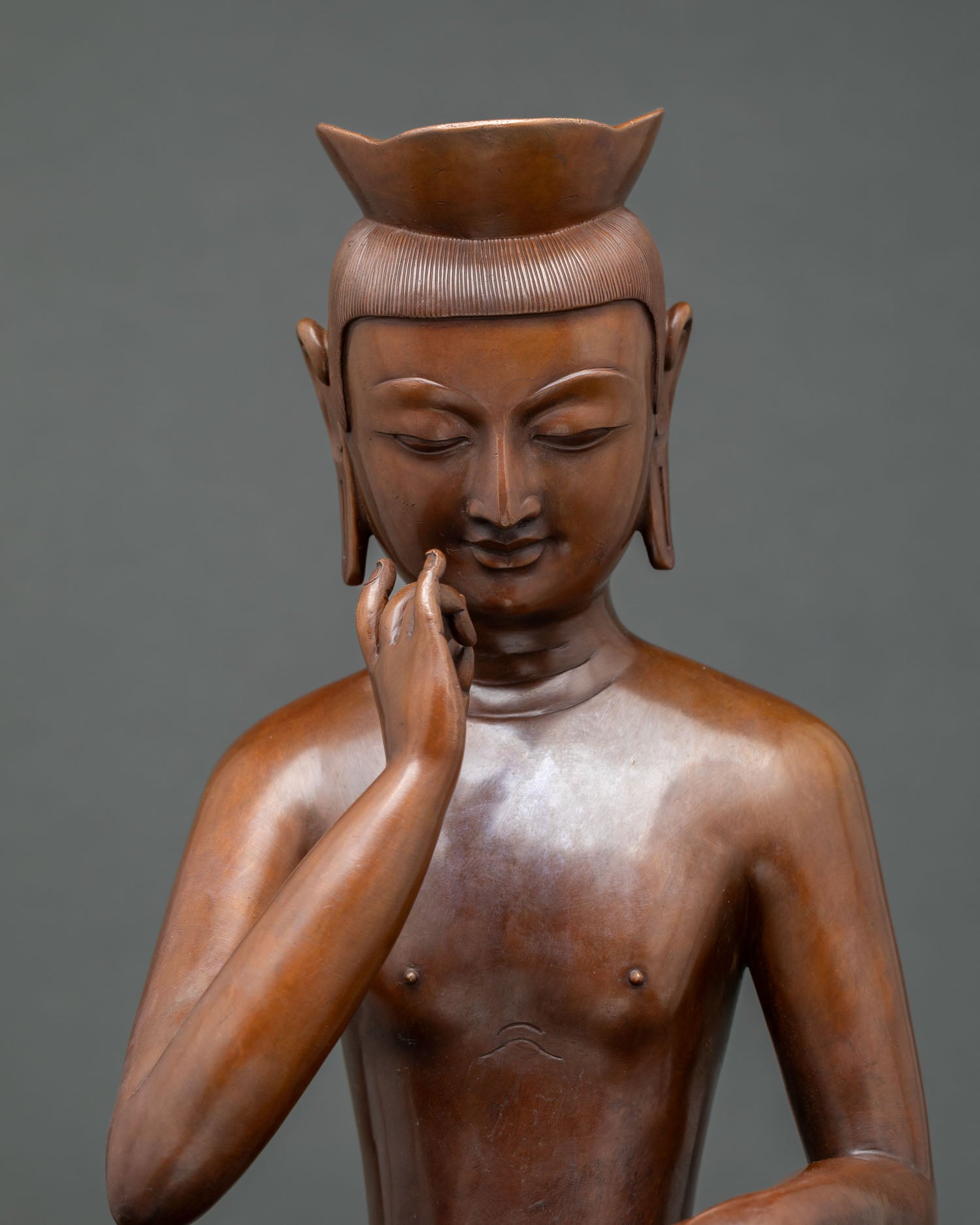 Close Up Maitreya Buddha Face Serene Contemplation Circular Halo Spiritual Nepalese Sculpture