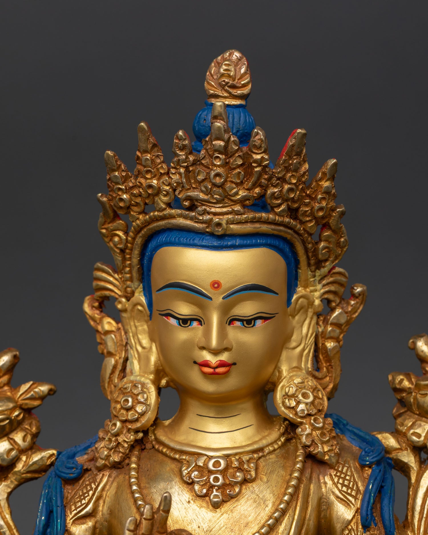 Close up Manjushree face detail flaming sword prajnaparamita sutra buddhist wisdom sculpture