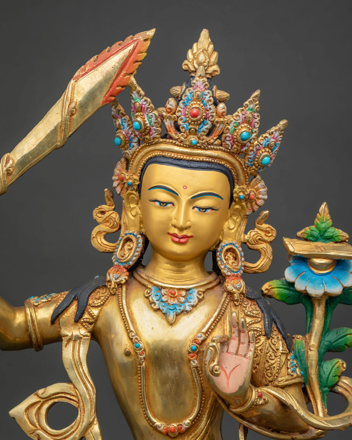 Close Up of Gold Manjushri Statue with Jeweled Crown and Wisdom Sword, Handcrafted in Nepal