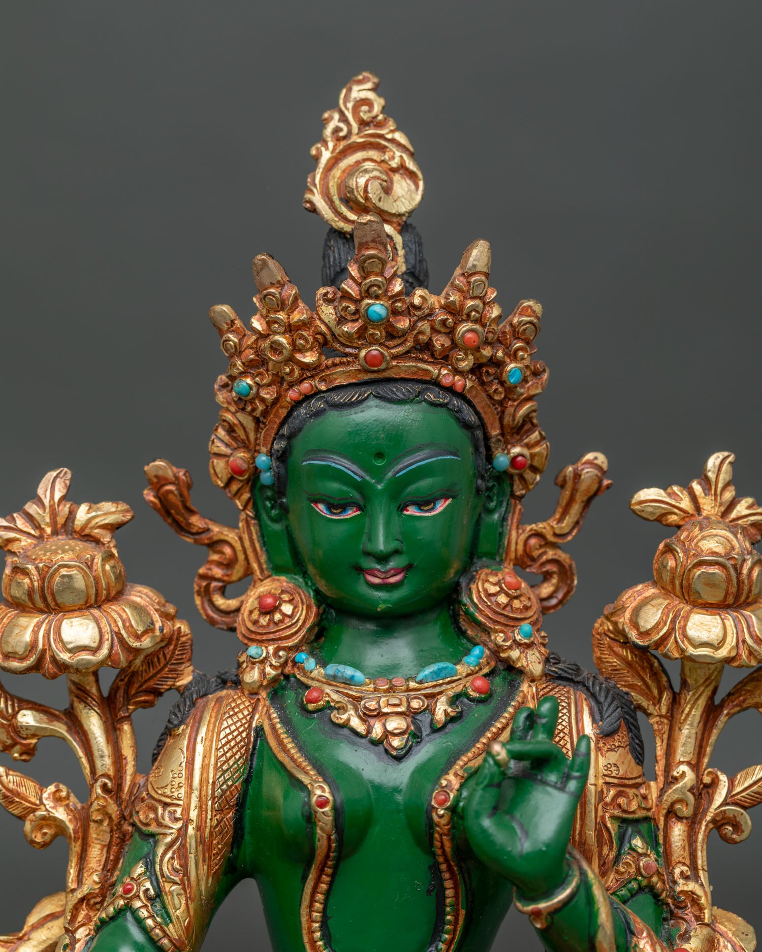 Close Up of Green Tara statue, Face Hand Painted Acrylic Finish with Semi Precious Stone Inlays