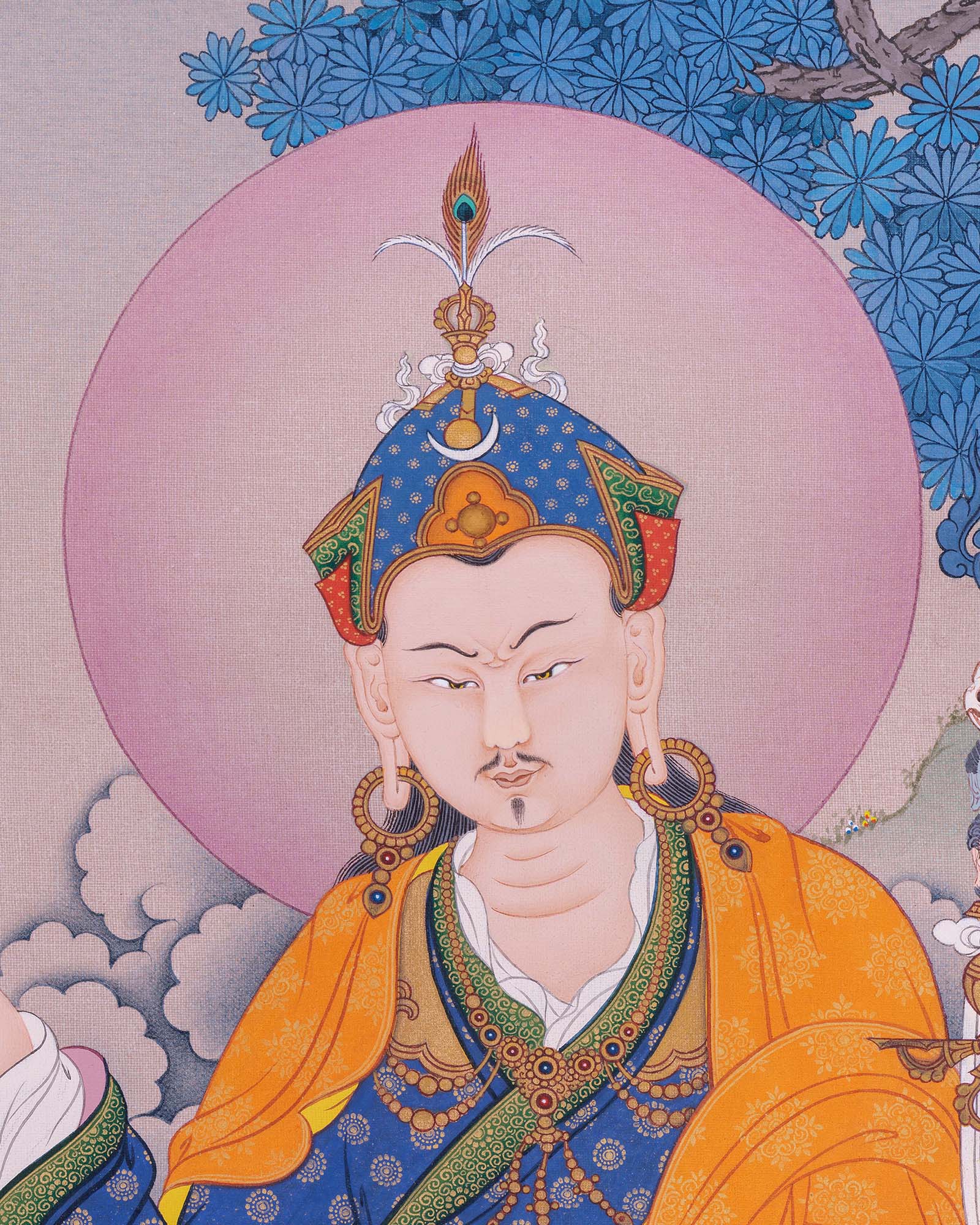 Close-up of Guru Rinpoche face with radiant halo and jeweled lotus crown on Buddhist thangka print