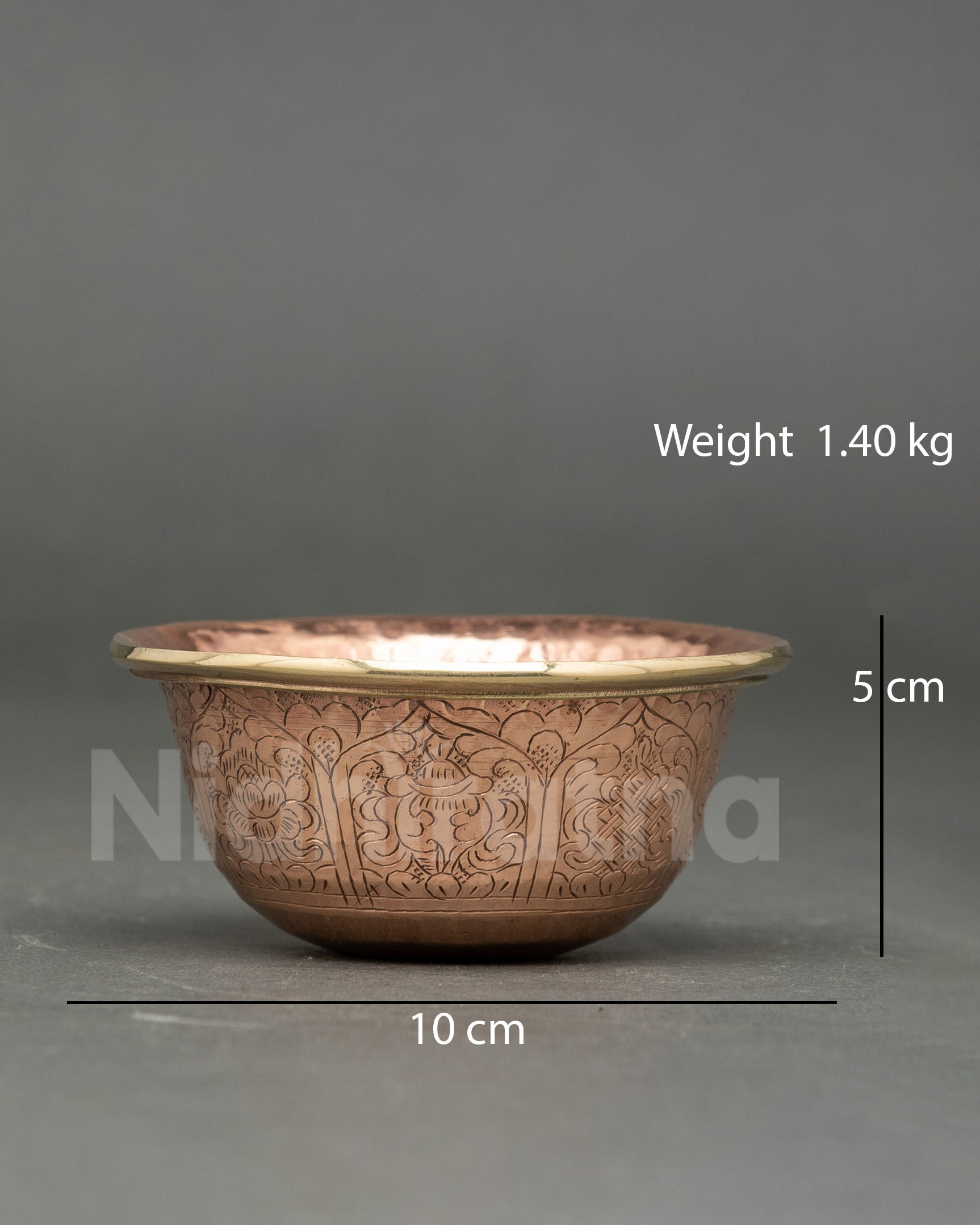 Close-up of handcrafted copper seven water offering bowls newari metalwork kathmandu valley nepal