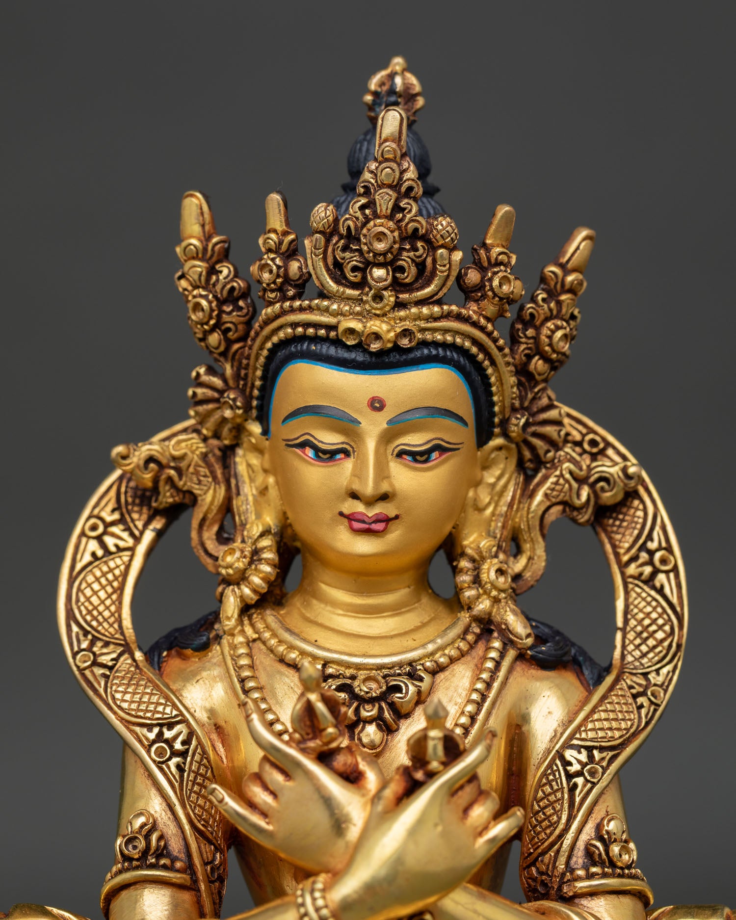 Close-Up of Handmade Vajradhara Buddha Statue with Fine Gold-Gilded Details