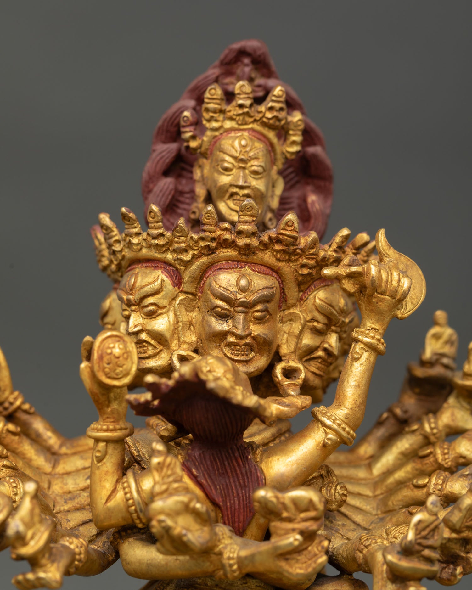 Close Up of Hevajra Eight Tiered Heads Sixteen Arms and Wrathful Expression.