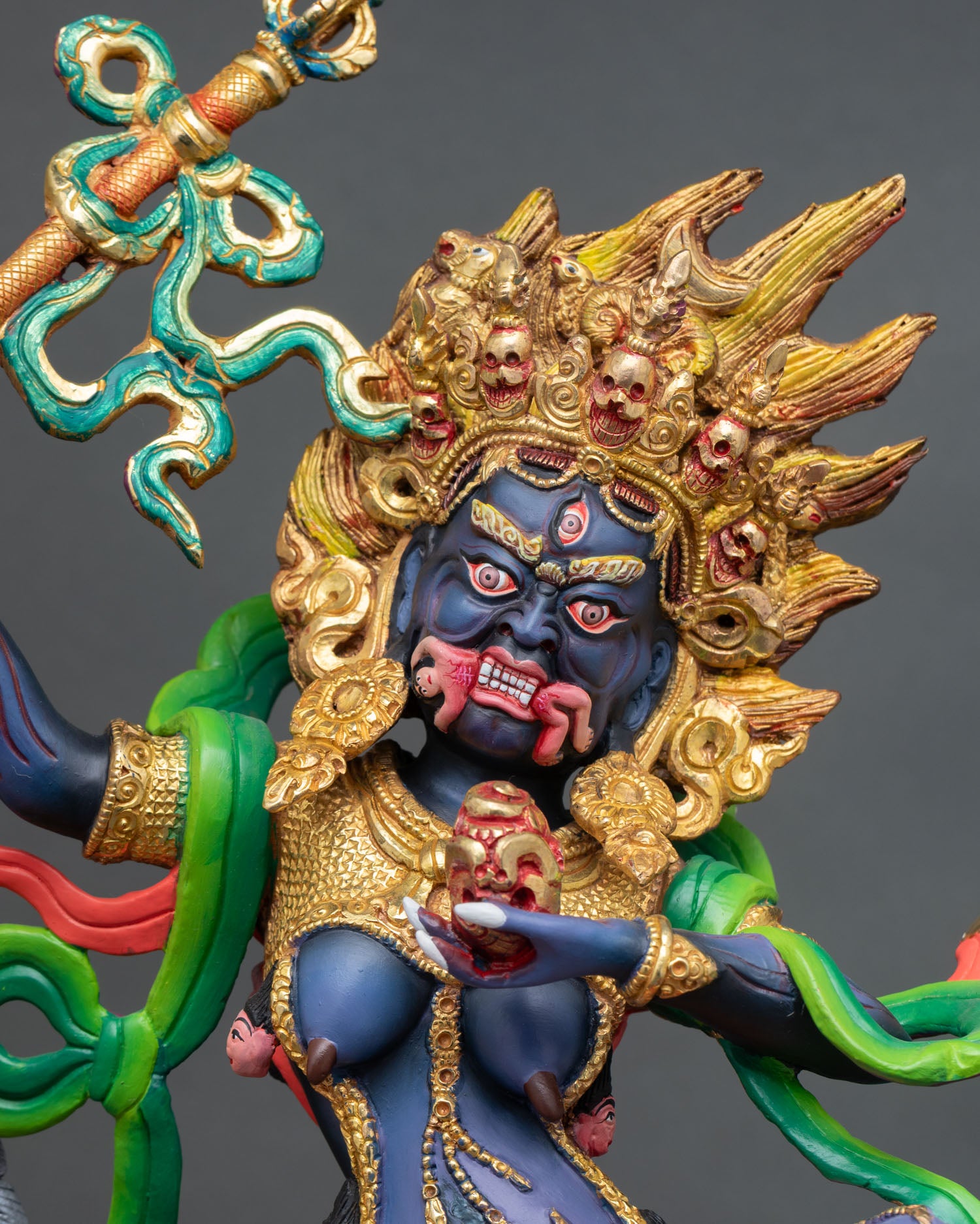 Close Up of Palden Lhamo Sculpture with Flaming Mandorla and Detailed Ornaments