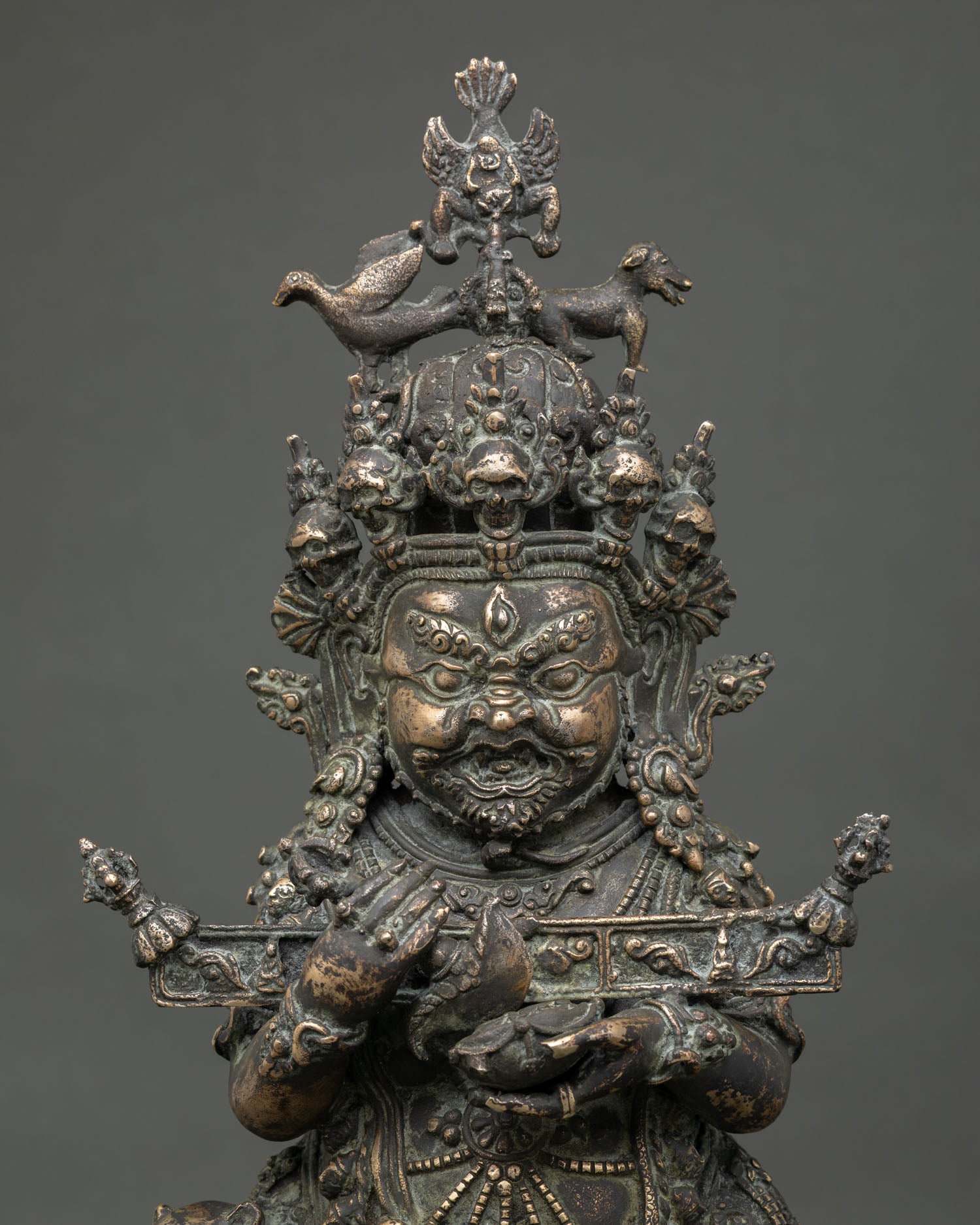 Close-up of Sakya Mahakala statue with detailed antique copper craftsmanship