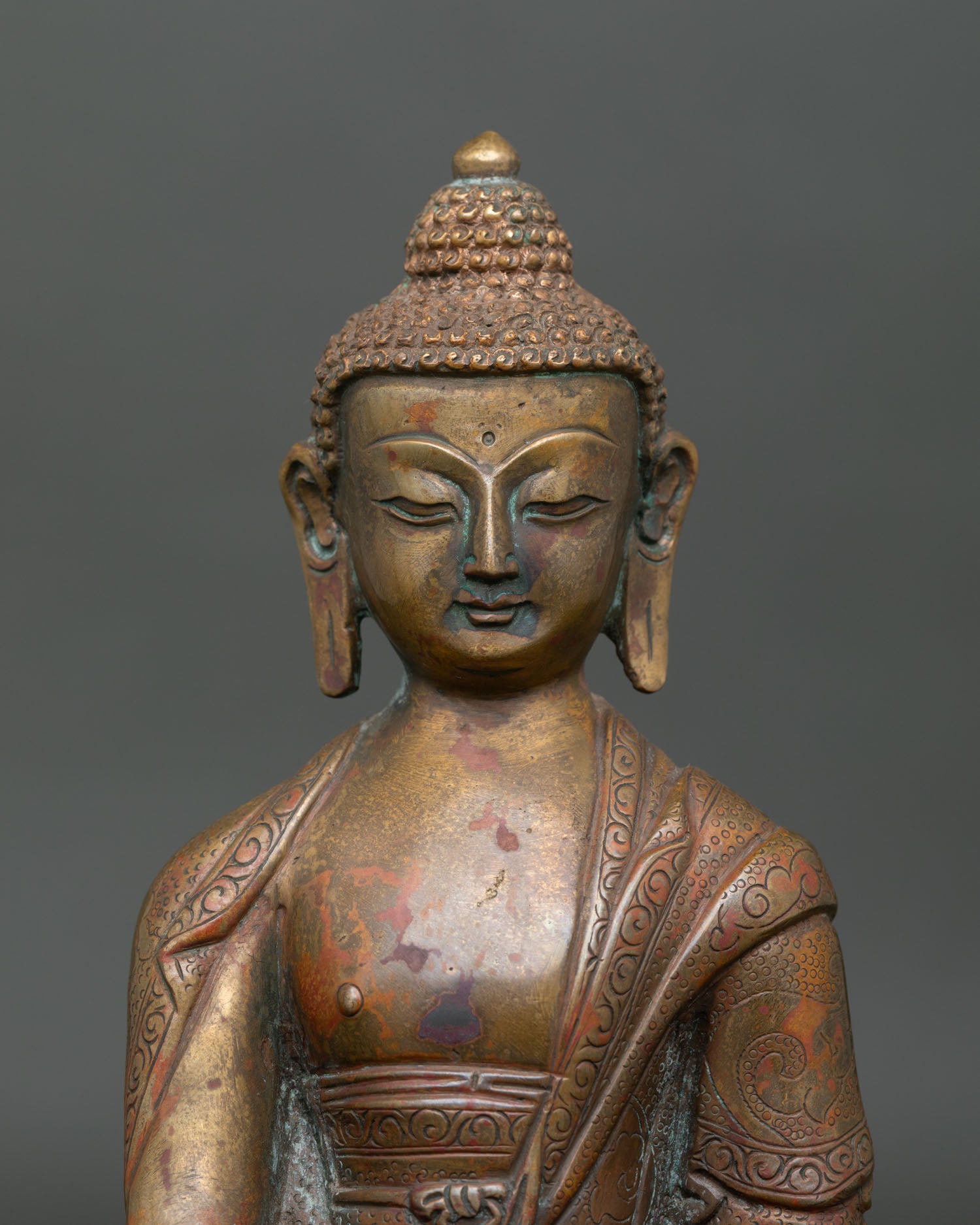 close up of shakyamuni buddha face with serene expression and fine details