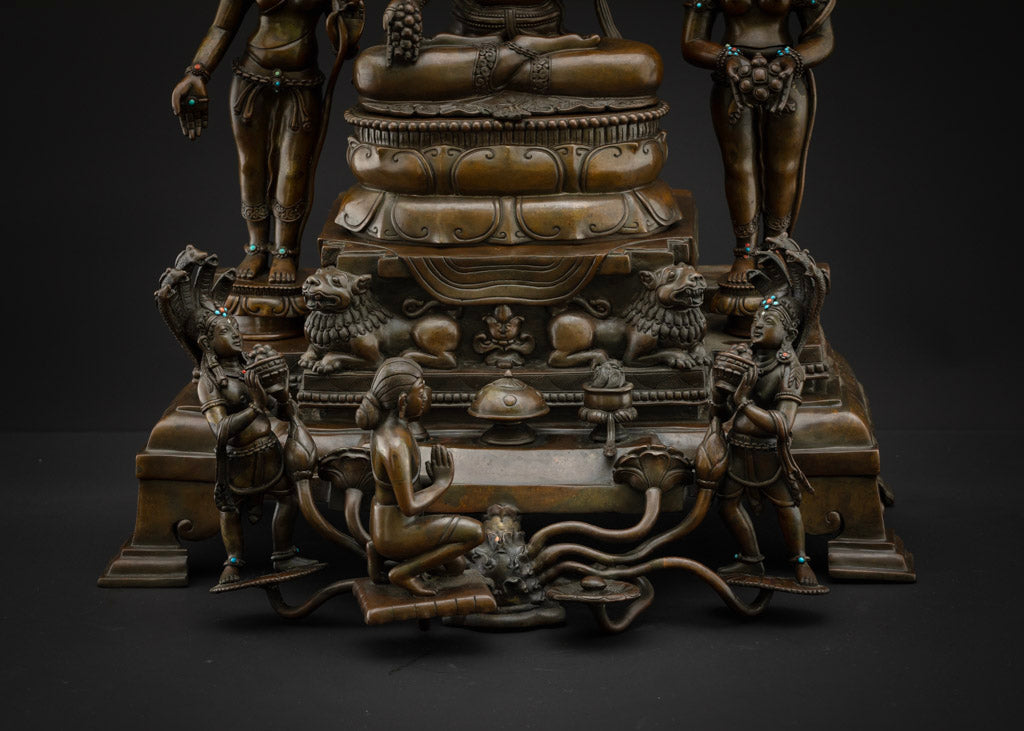 Close-Up of Throne – Snow Lions & Devotee Figures, Copper Tara Statue Detail