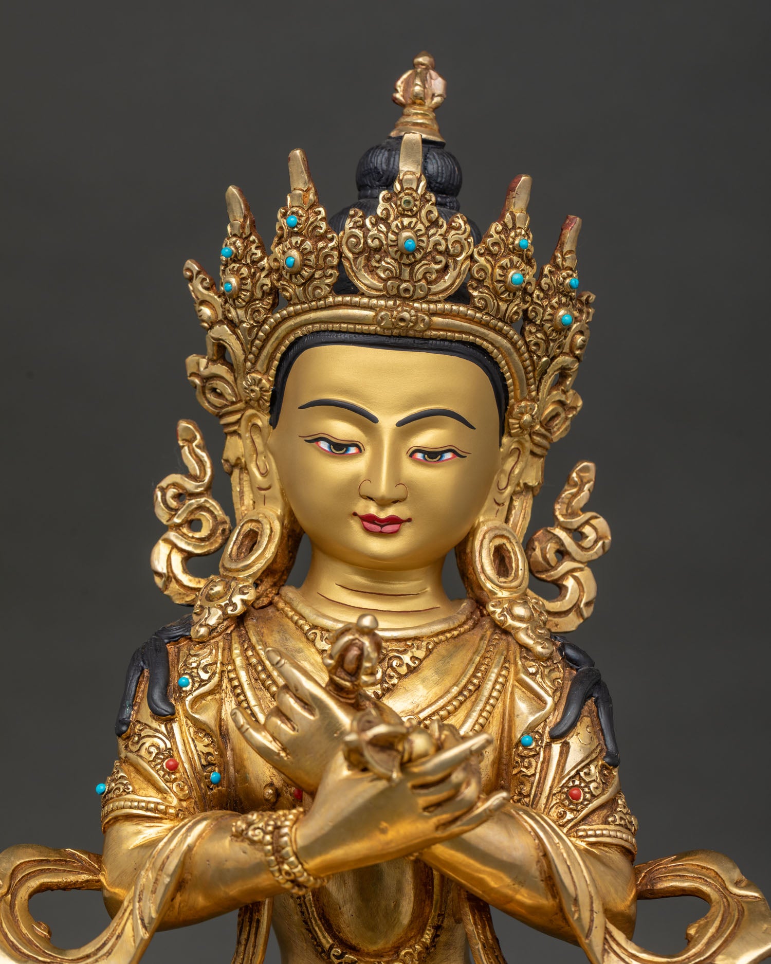 Close Up of Vajradhara Buddha Statue with Vajra Bell and Semi Precious Stone Details