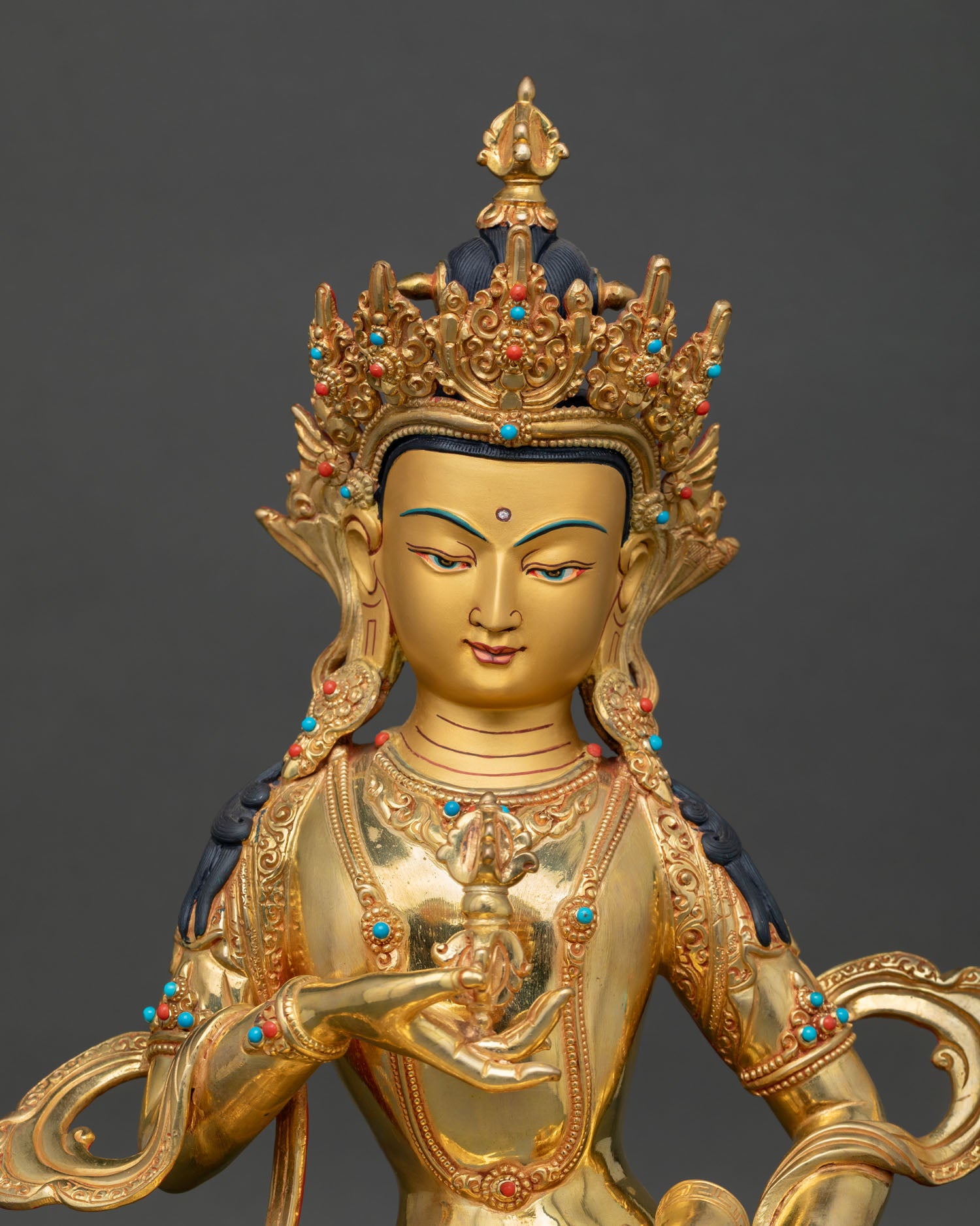 Close Up of Vajrasattva Statue with 24K Gold Gilding and Sacred Details
