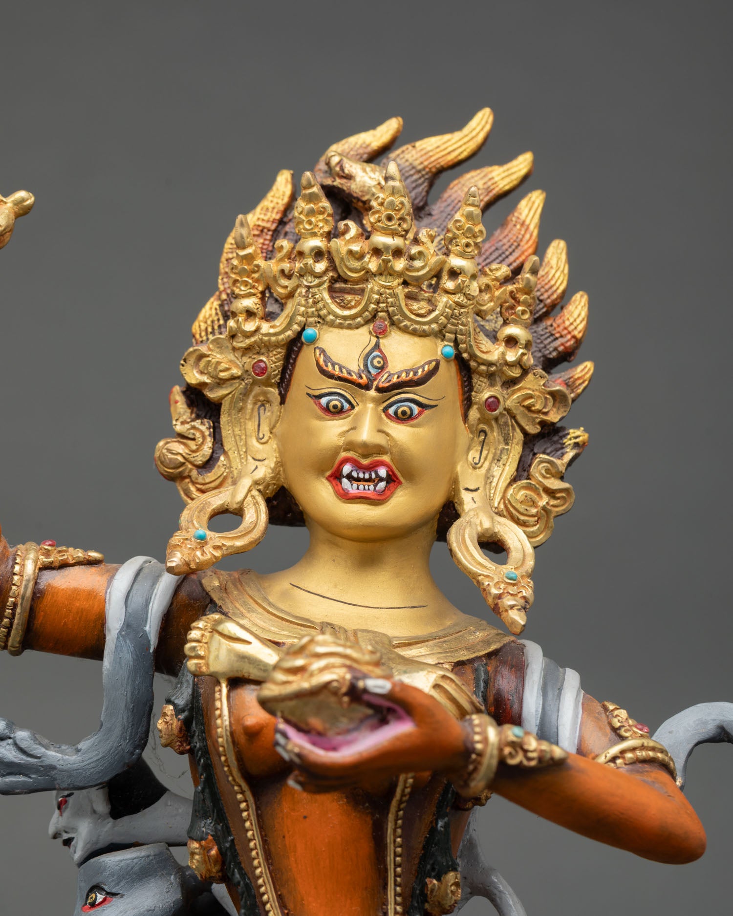 Close up Troma Nangmo face three eyes skull crown hand painted Tibetan Dakini statue Nepal for wisdom protection