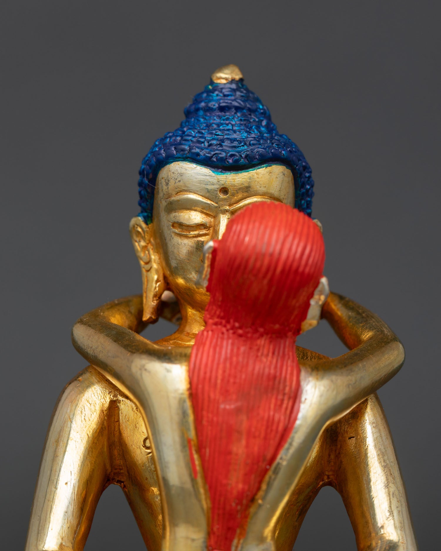 Close-up view of Samantabhadra and consort in sacred union with detailed gold finish and refined Himalayan craftsmanship