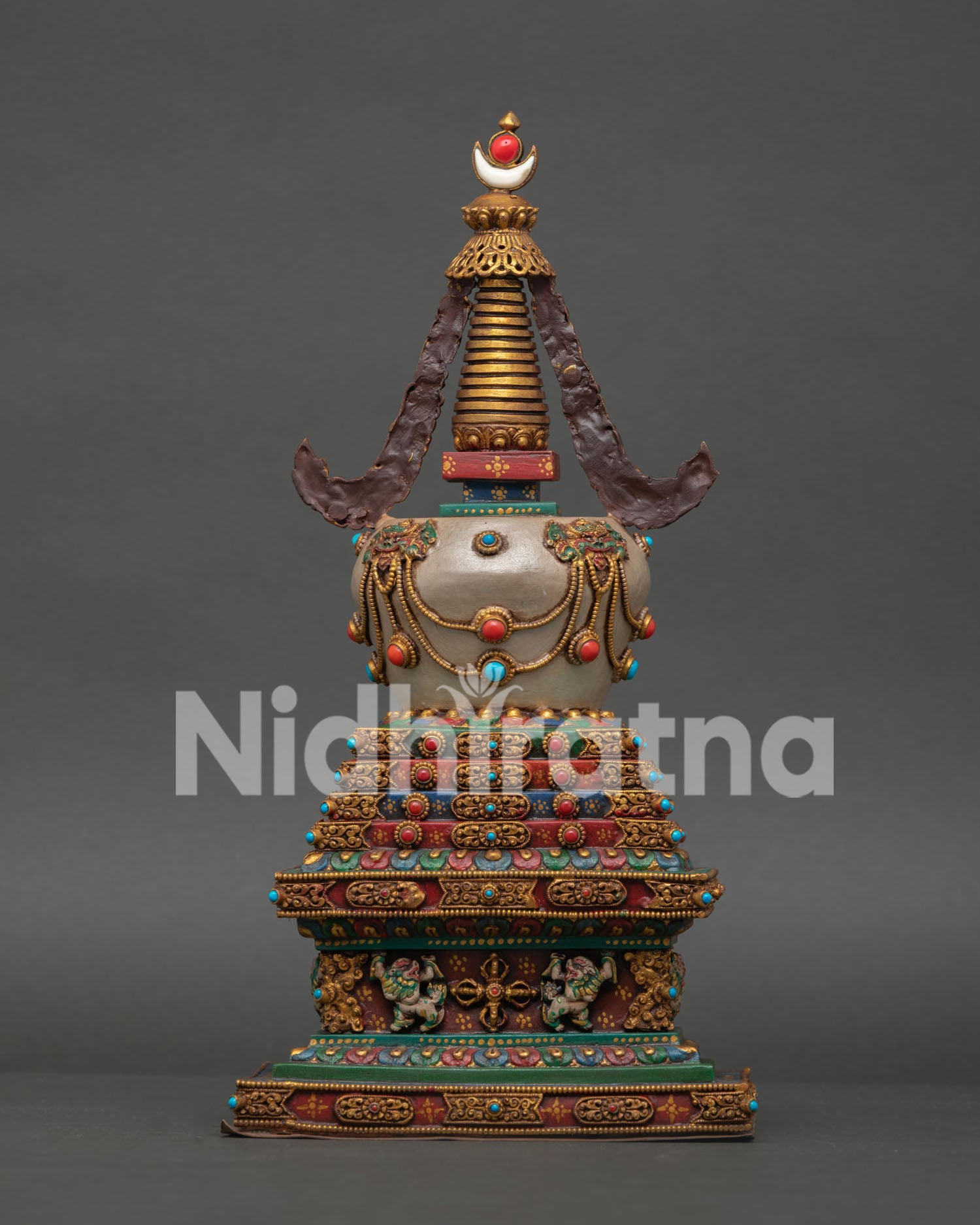 Close Up View of Stupa, Featuring Hand Painted Details and Sacred Buddhist Symbolism