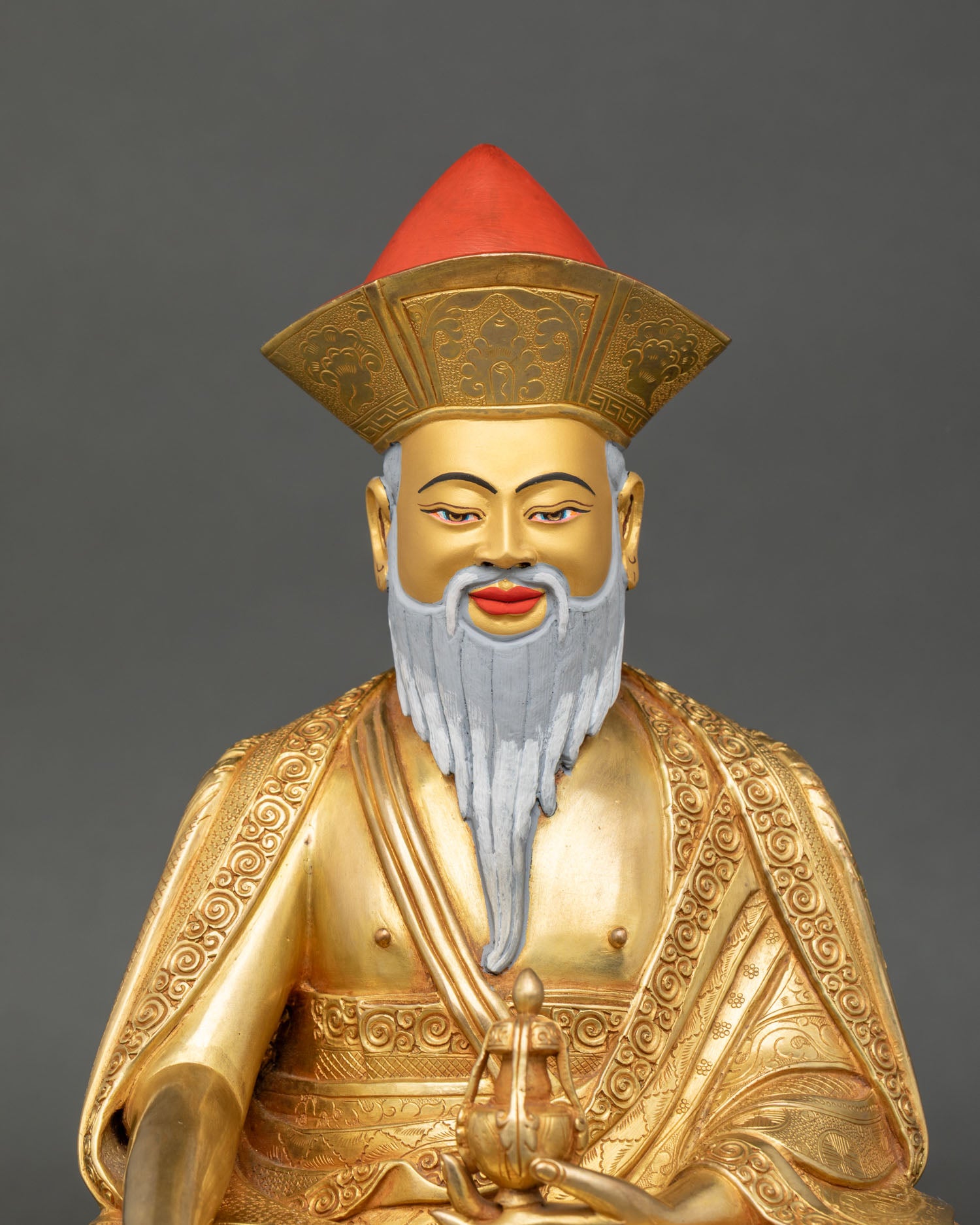close up zhabdrung rinpoche statue copper detail fire gilded nepal art
