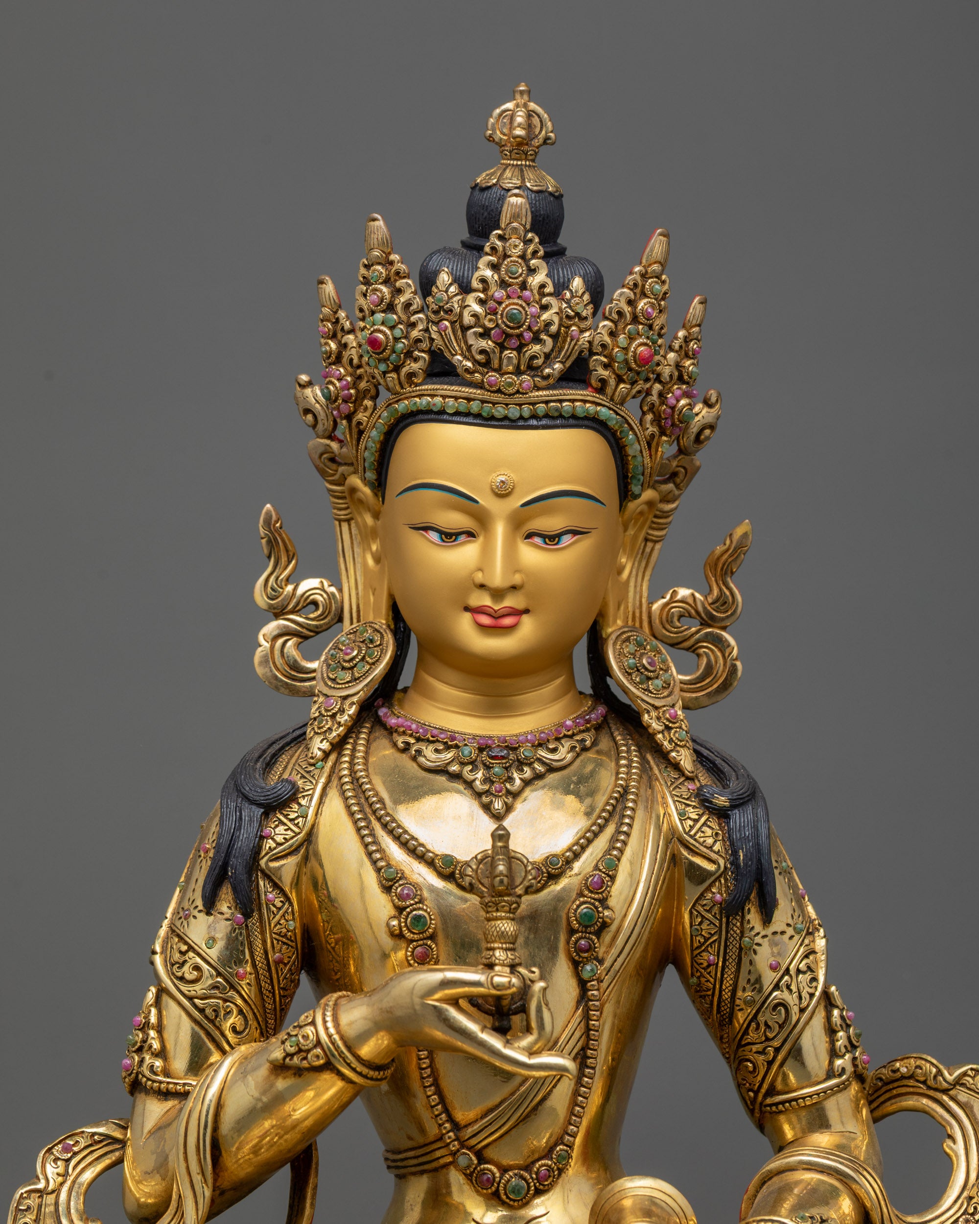 close up Vajrasattva Dorje Sempa statue semi-precious stone inlay and flowing robe
