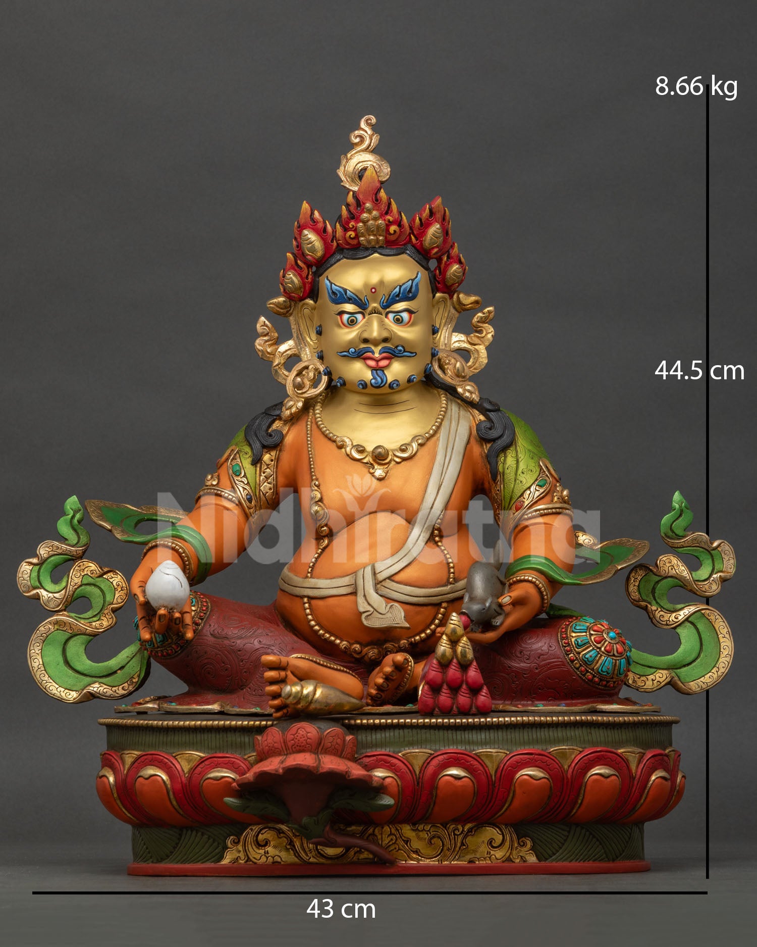 Colorful Dzambhala statue handcrafted in Nepal from pure copper with gold gilding and turquoise coral inlay