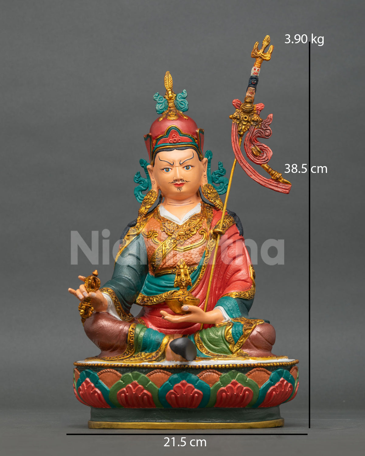 Colorful Guru Rinpoche statue front view, handcrafted copper Padmasambhava with gold gilding from Nepal