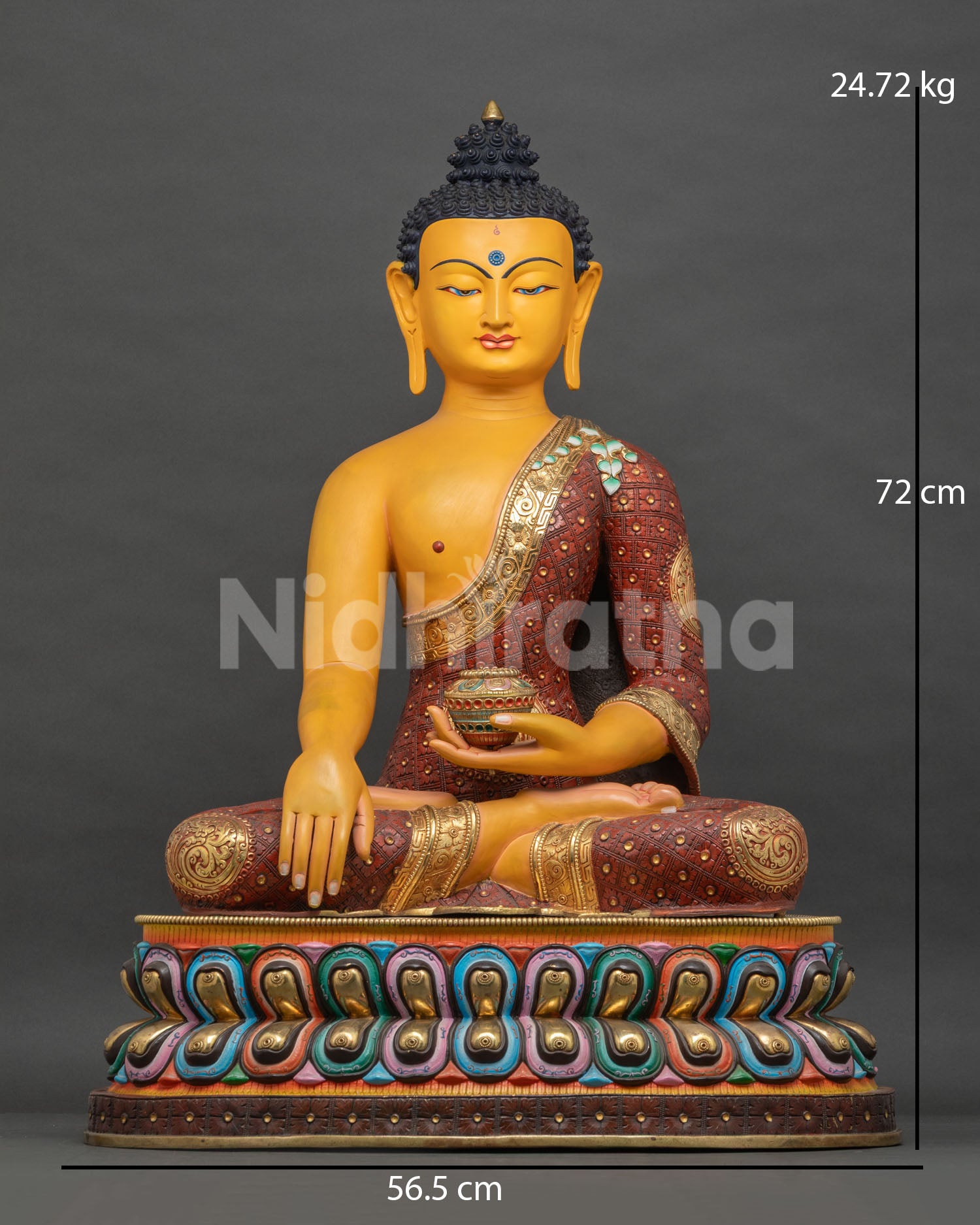 Colorful Shakyamuni Buddha statue, gold-gilded copper, hand-painted, front view