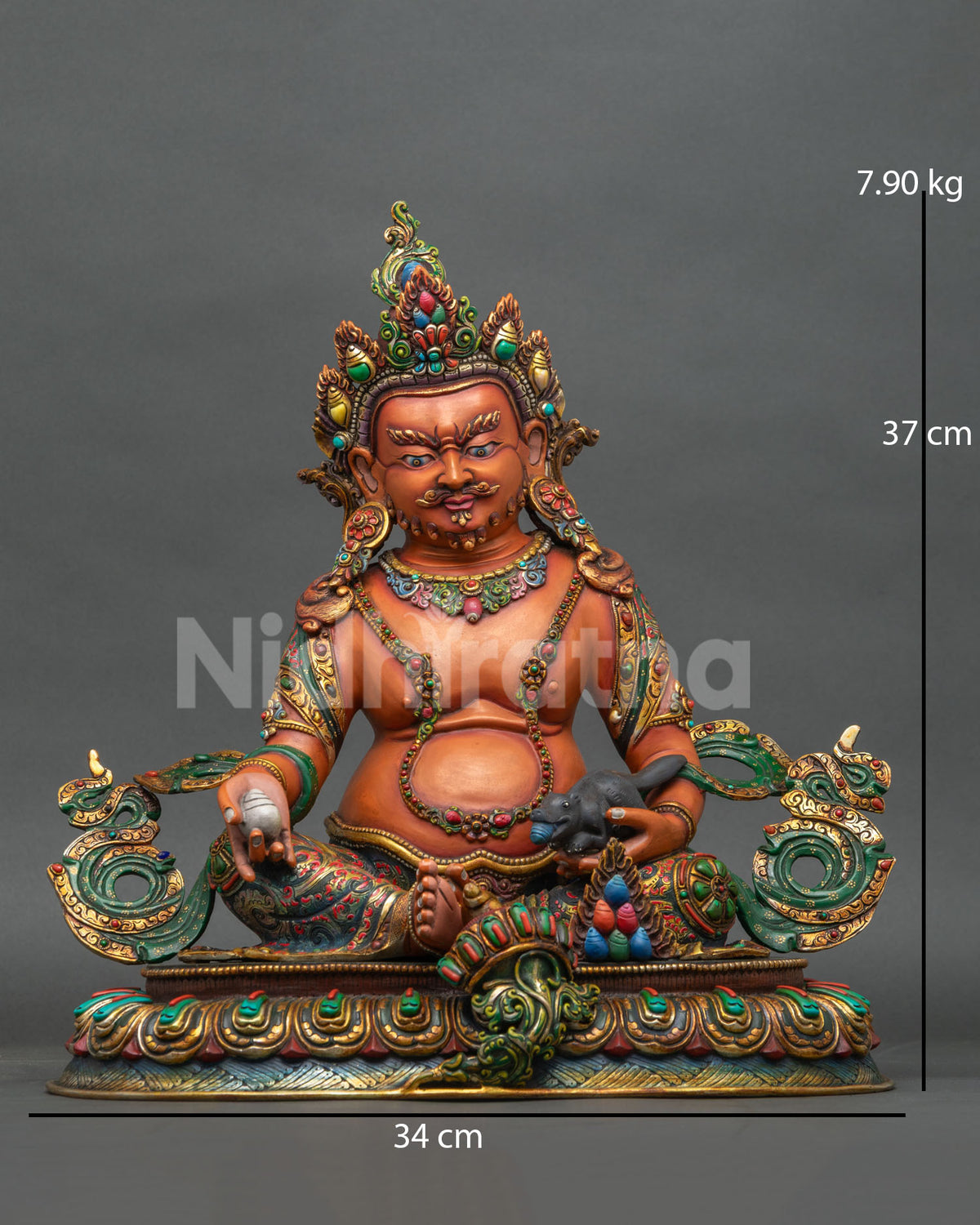 Colorful Yellow Dzambhala copper statue front view with citron, mongoose and lotus throne