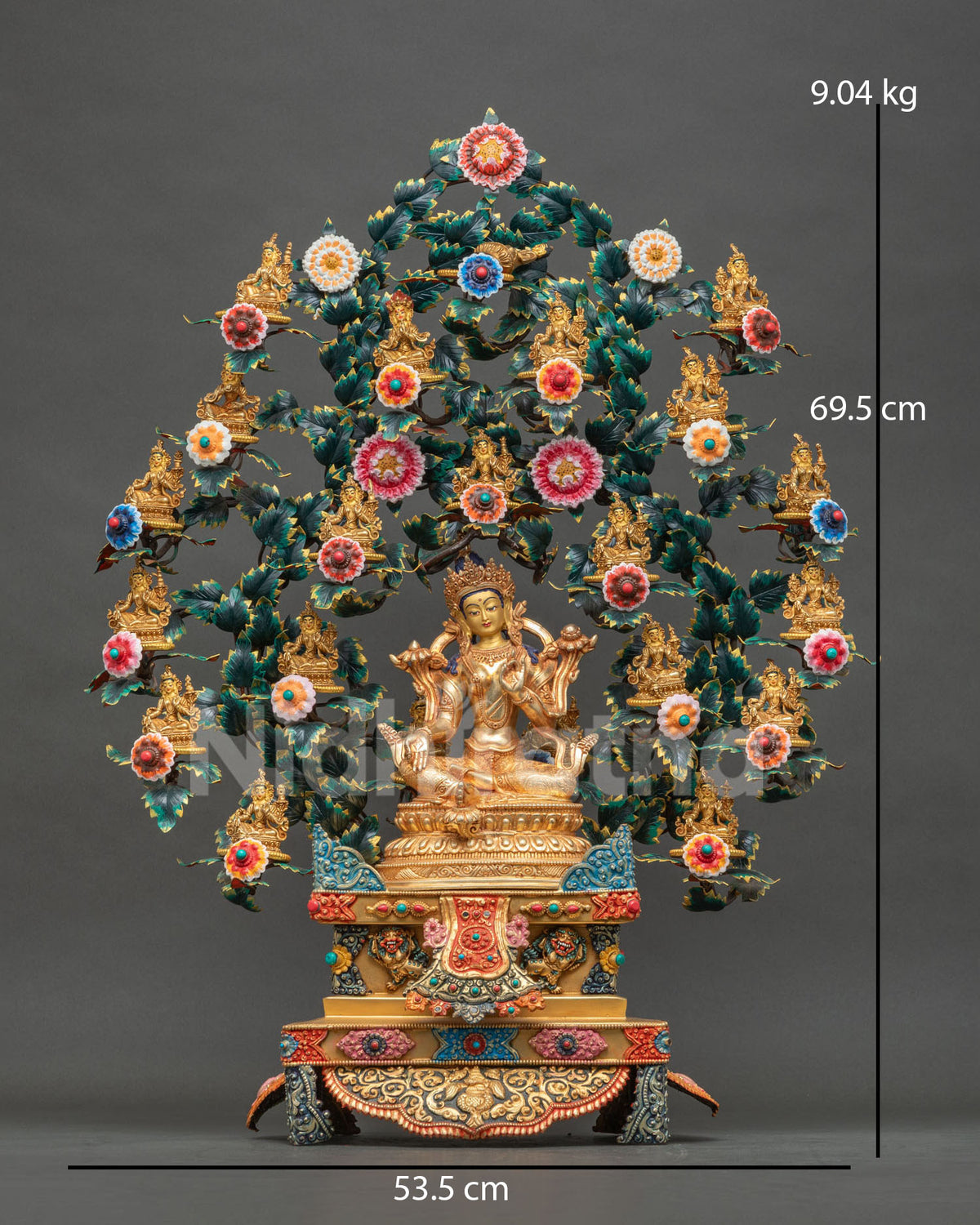 Complete 21 Tara Statue Set, 69.5 cm tall and 9.04 kg, front view with dimensions