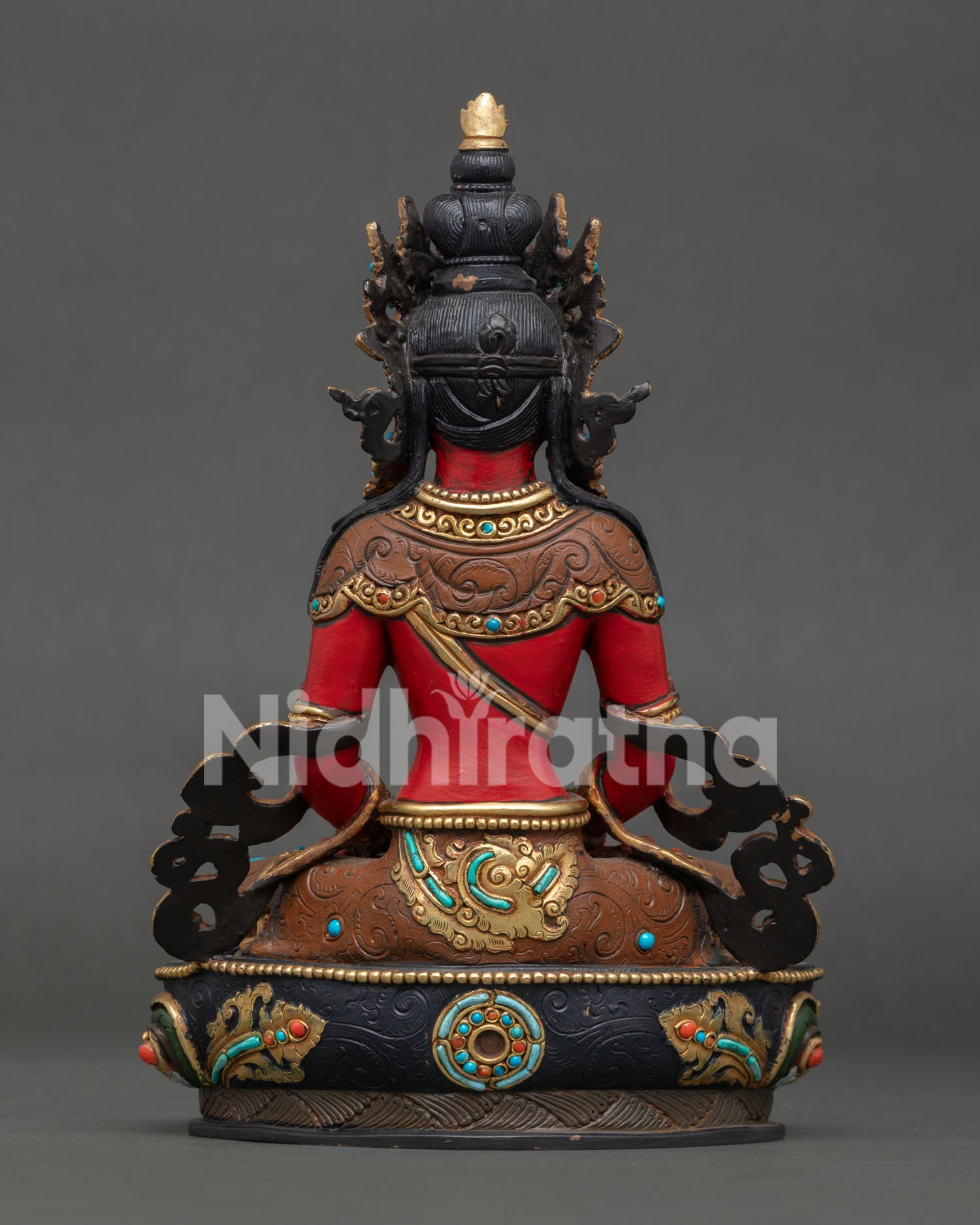 Copper Amitayus Buddhist Statue with lotus pedestal and Newari craftsmanship from Nepal