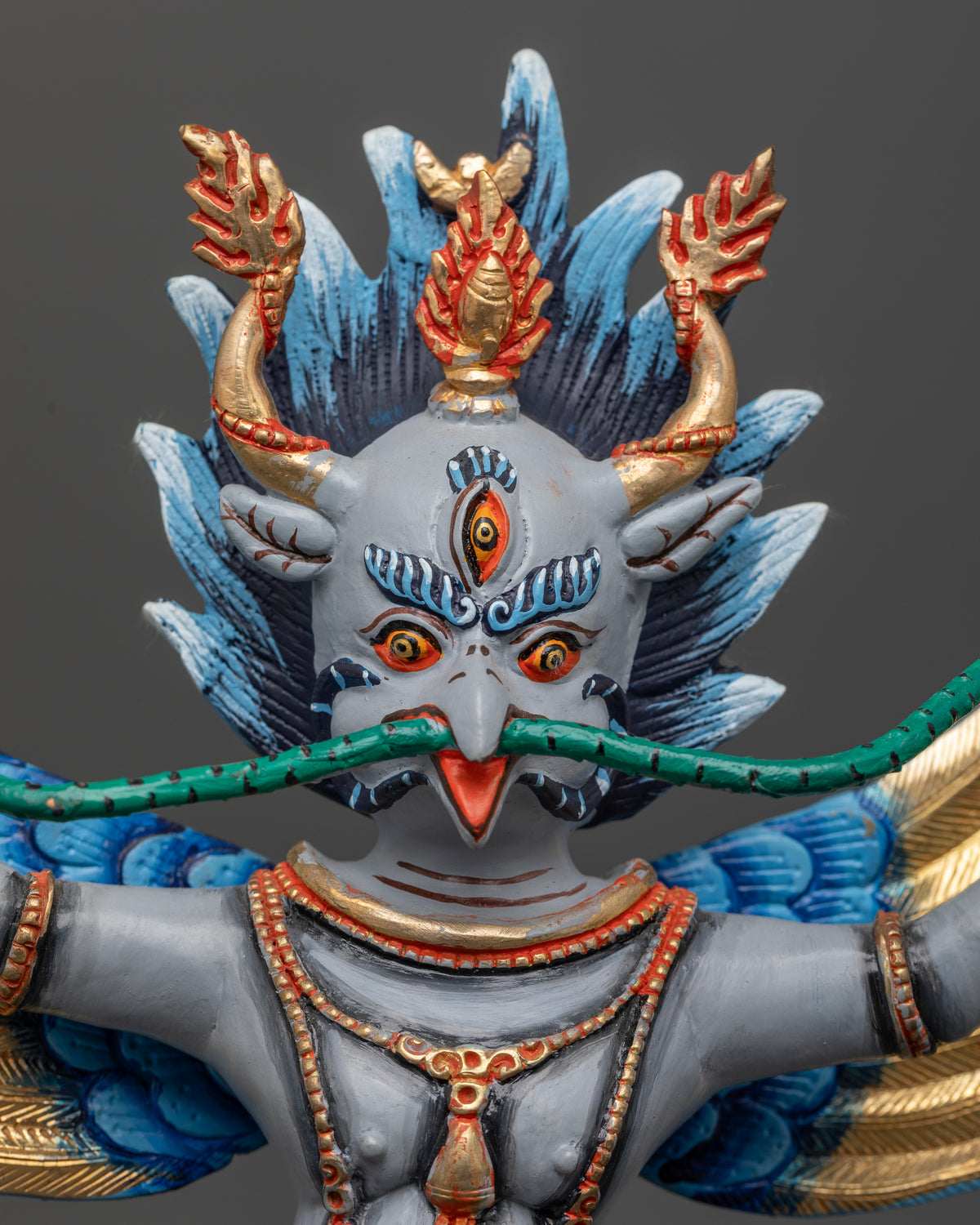 Copper garuda statue with acrylic painted finish for buddhist altar.