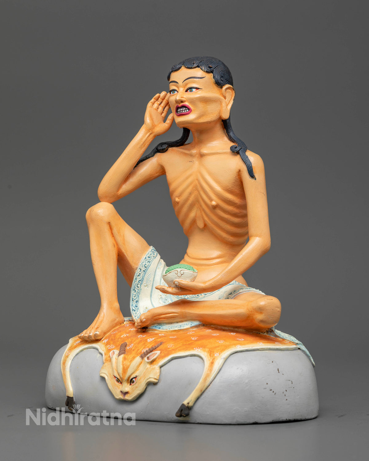 Copper Milarepa statue with hand-painted acrylic finish and Tibetan details