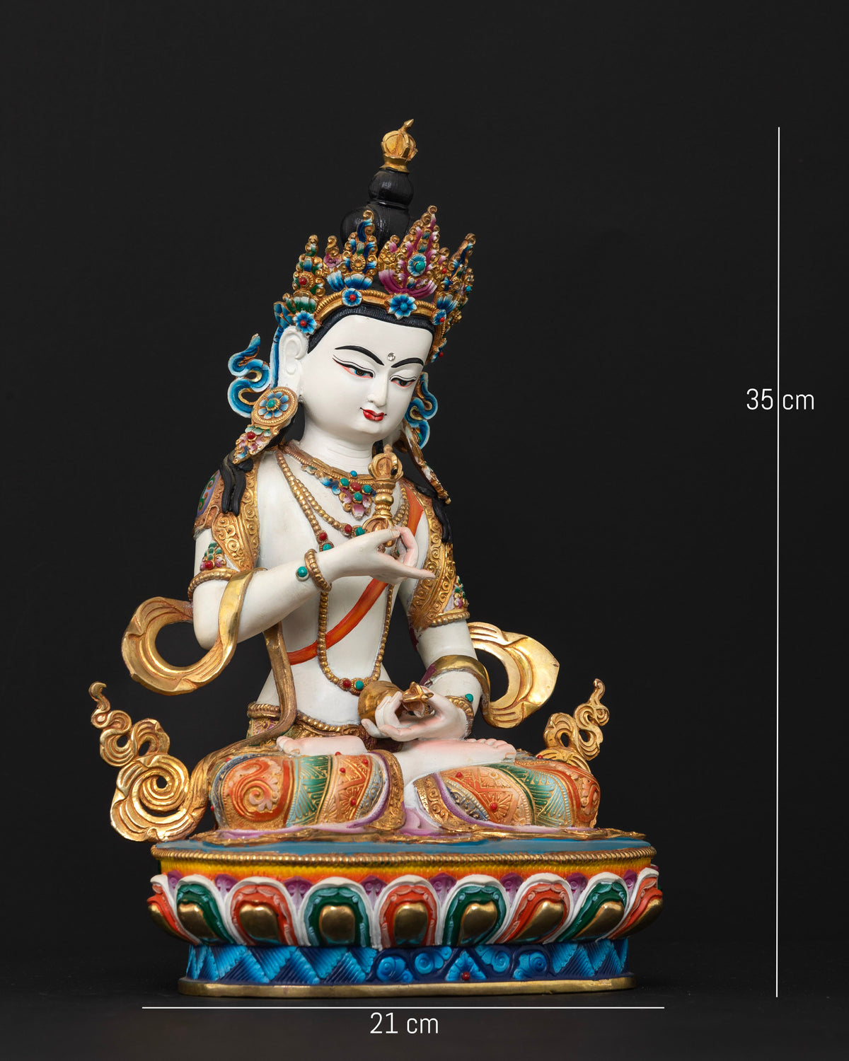 Copper Vajrasattva Buddhist statue with vibrant acrylic colors gold gilded details and semi precious stones