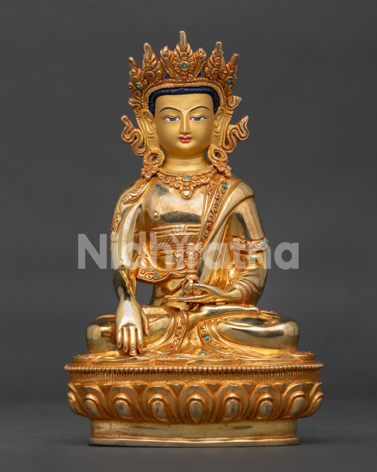 Crown Mitrugpa Buddha Statue Gold Fire Gilded Copper Lotus Throne Front View.