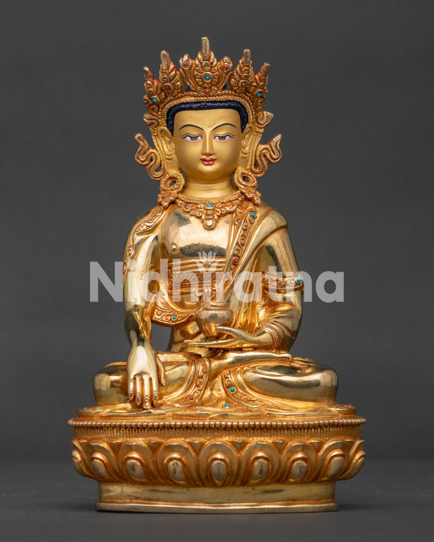 Crown Shakyamuni Buddha Statue with Gold Fire Gilding on Lotus Throne Front View.
