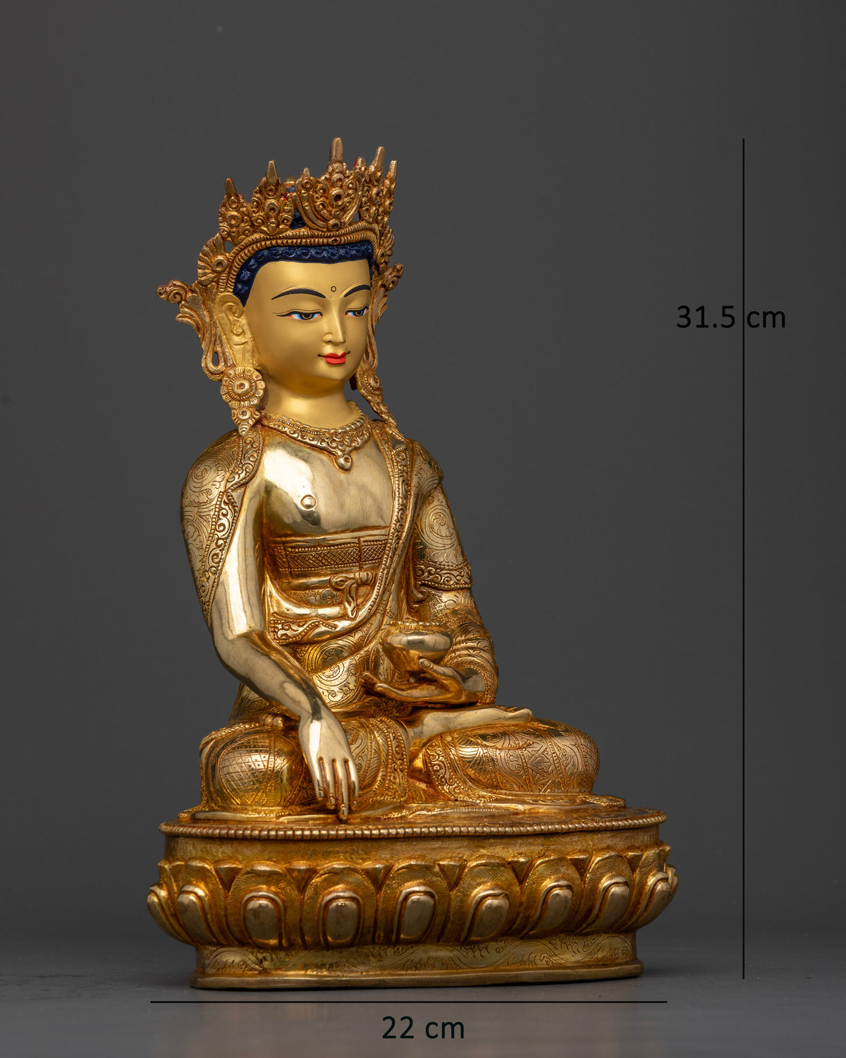 Crown Shakyamuni Buddha Statue with ornate five jewel crown and intricately carved floral robe.