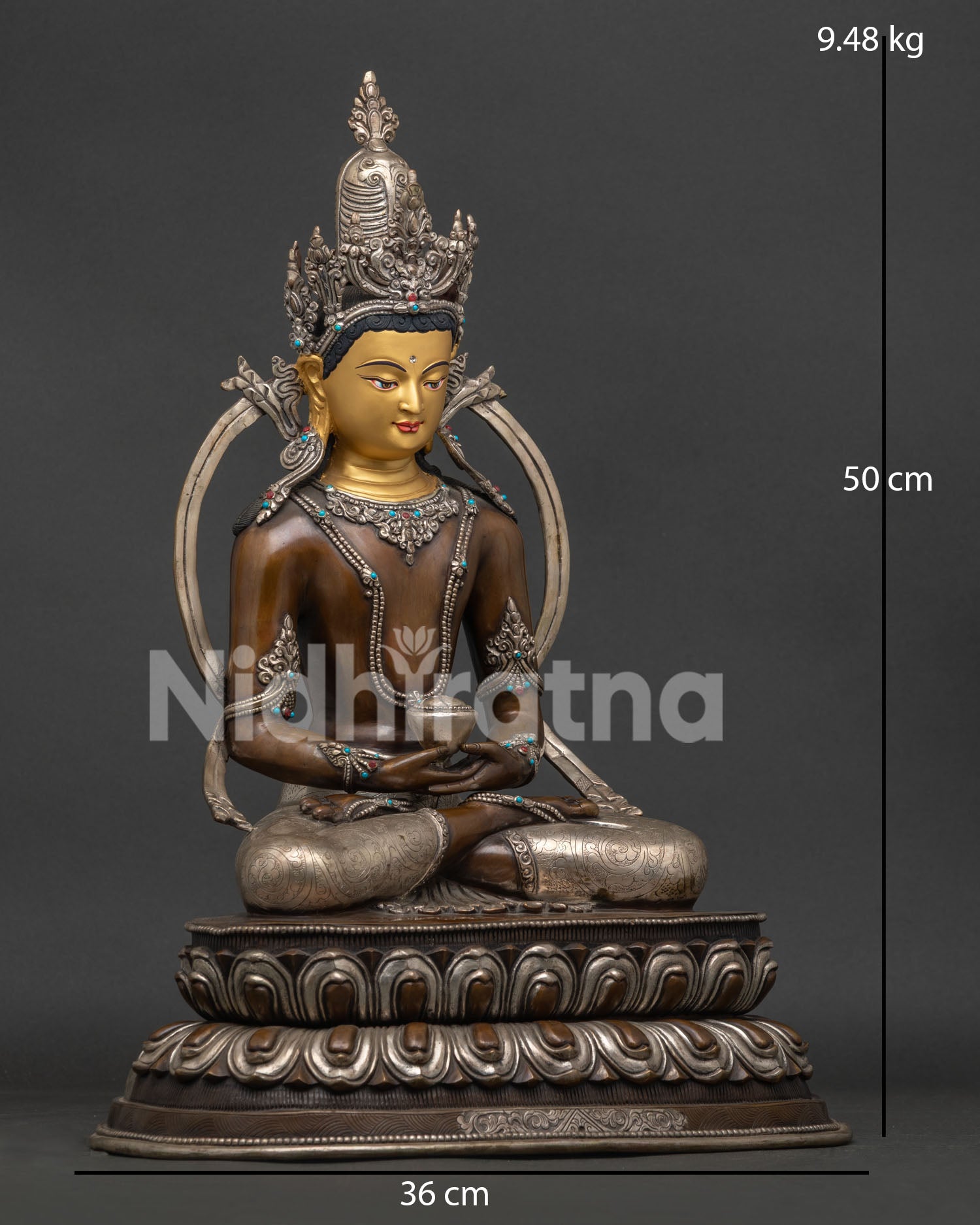 Crowned Amitabha Buddha Statue Right View Side Oxidized Copper Craftsmanship