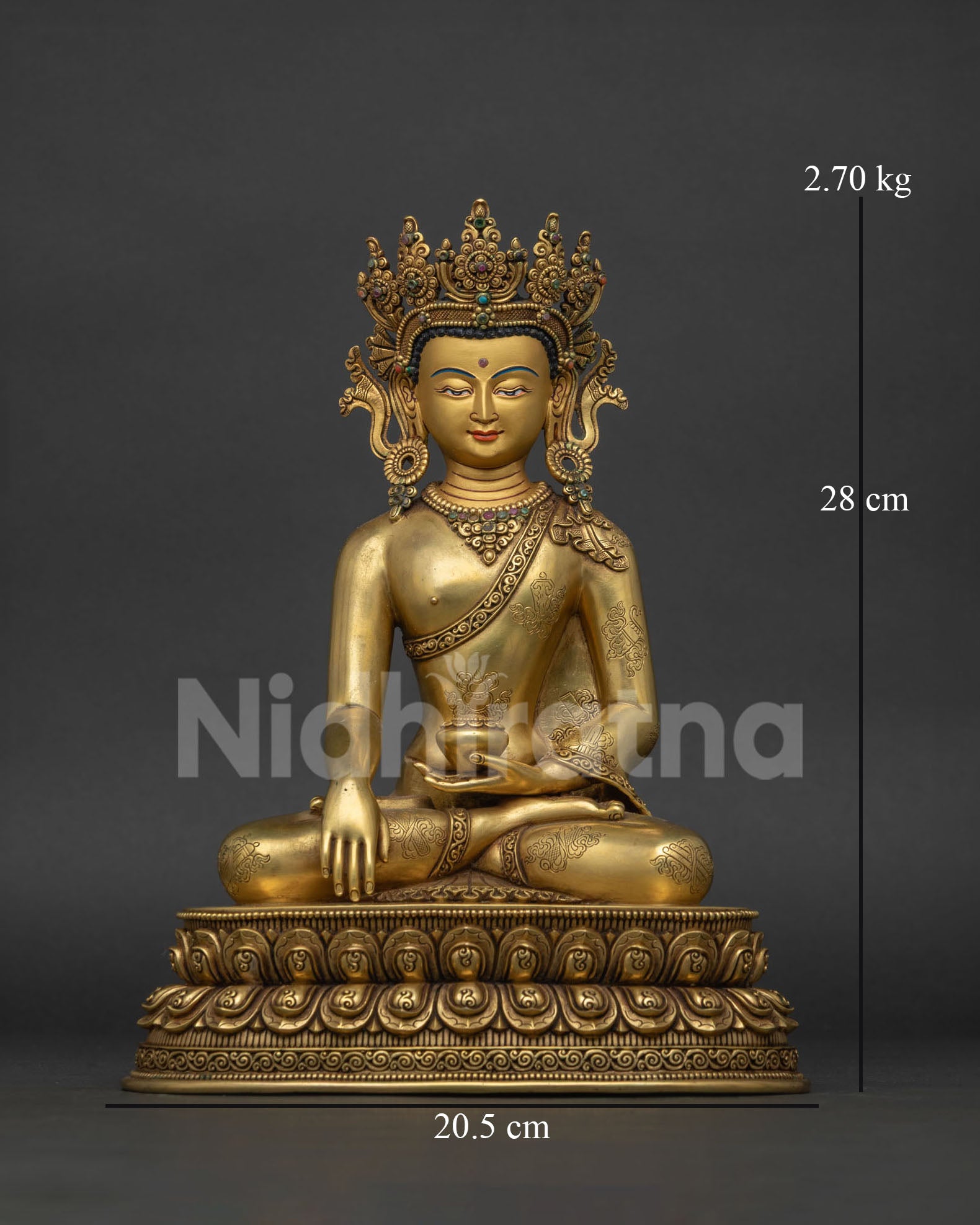 Crowned Shakyamuni Buddha seated on a double lotus with alms bowl and Earth Touching Mudra
