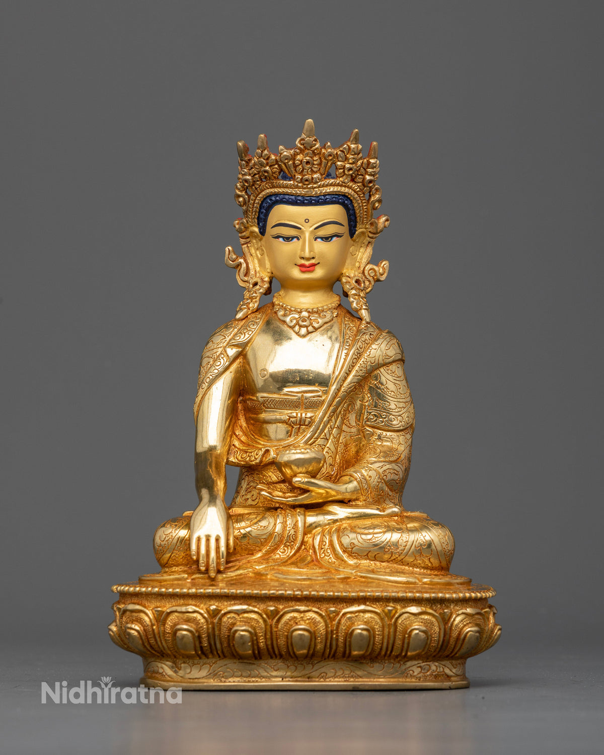 Crowned Shakyamuni Buddha Statue with 24K gold fire gilding and copper front view.