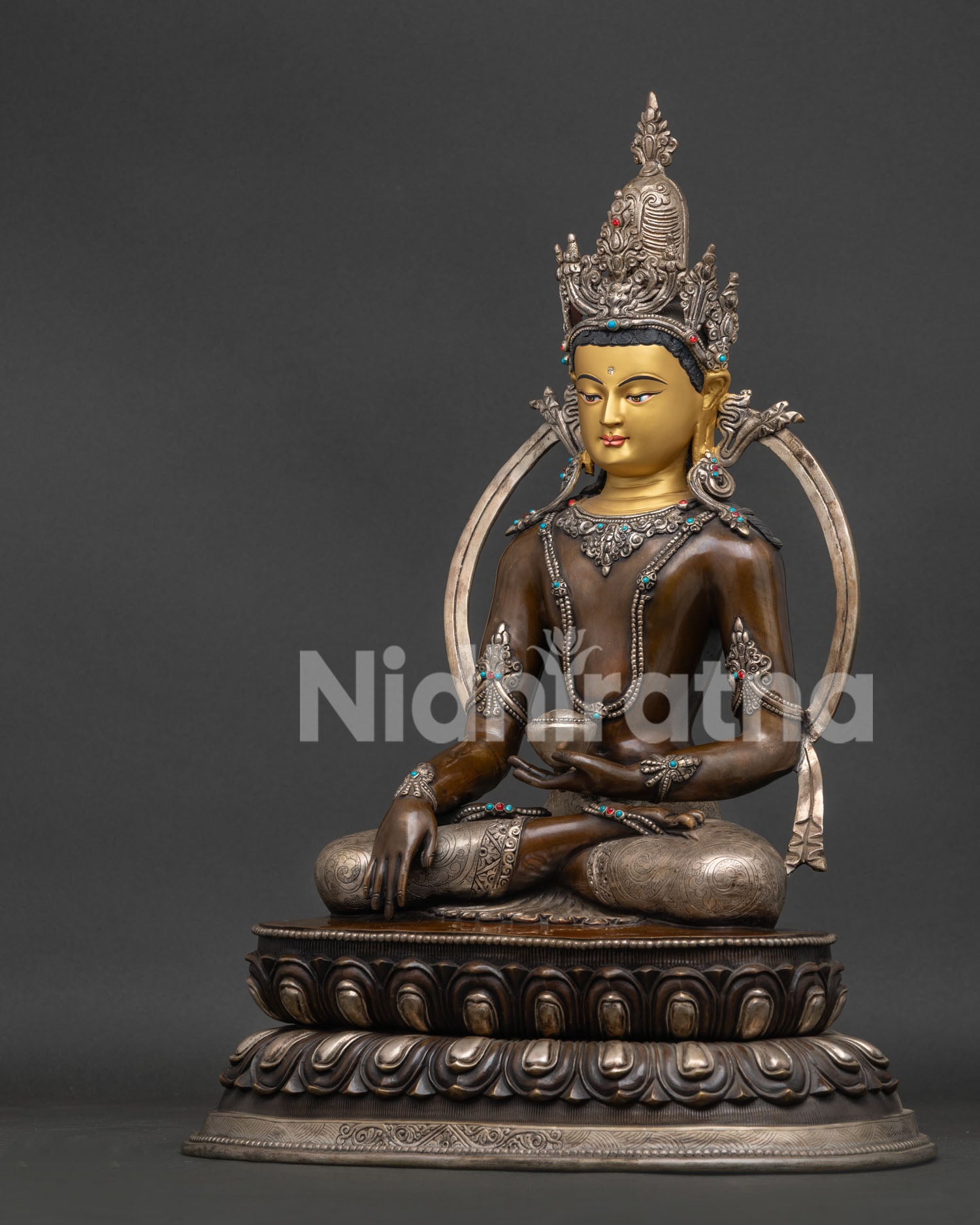 Crowned Shakyamuni Buddha Statue left view side lotus throne details